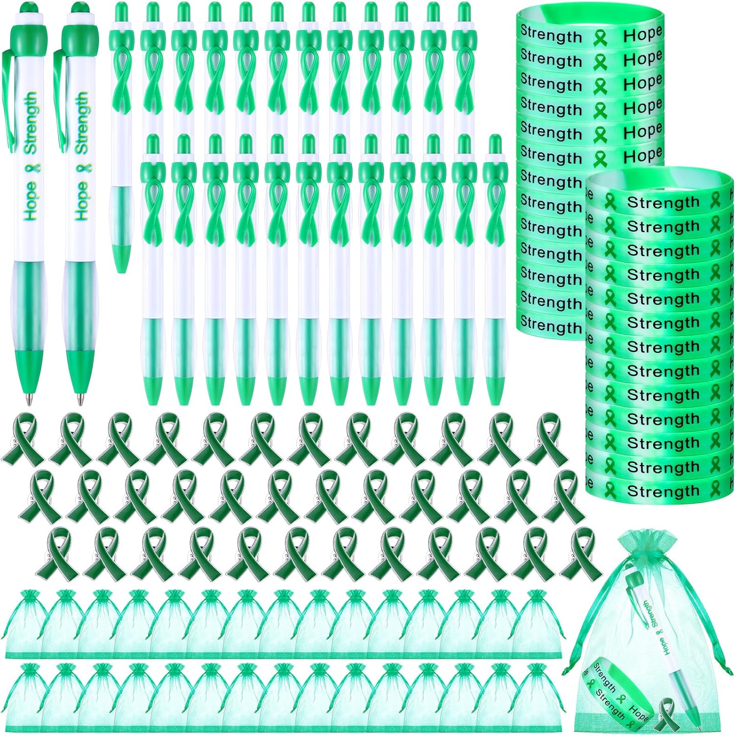 Qilery 120 Pcs Leukemia Awareness Items Gifts Set - Orange Ribbon Lapel Pins, Kidney Cancer Multiple Sclerosis Awareness Bracelets, Hope Strength Retractable Pens, Organza Bag Bulk for Event Charity