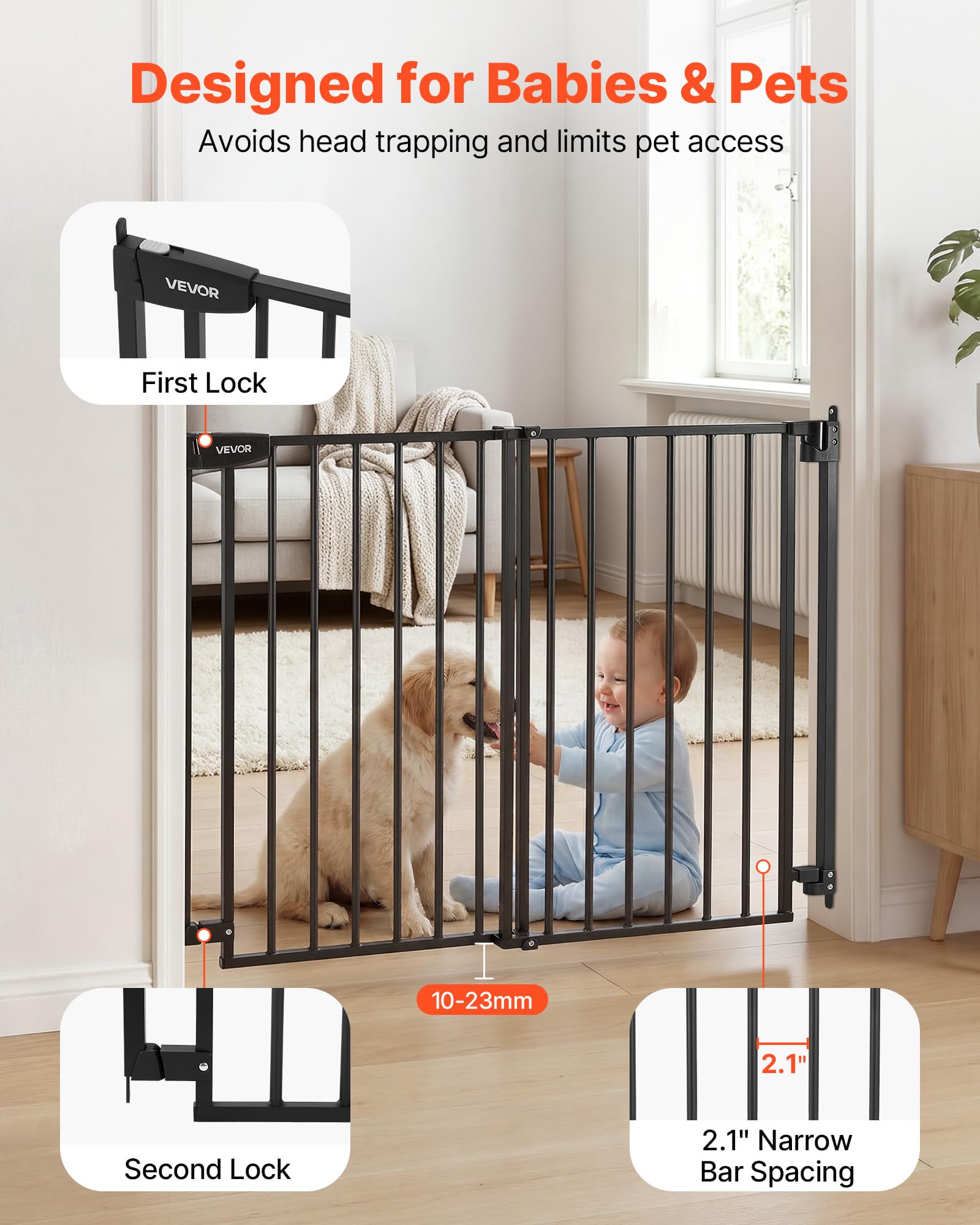 VEVOR Barrière de Sécurité Bébé, Largeur Réglable 720-1085 mm, Barrière Porte Chien, Hauteur 760 mm, sans Barre au Sol, Fixation par Perçage avec Accessoires, pour Escaliers, Passages et Maison, Noir
