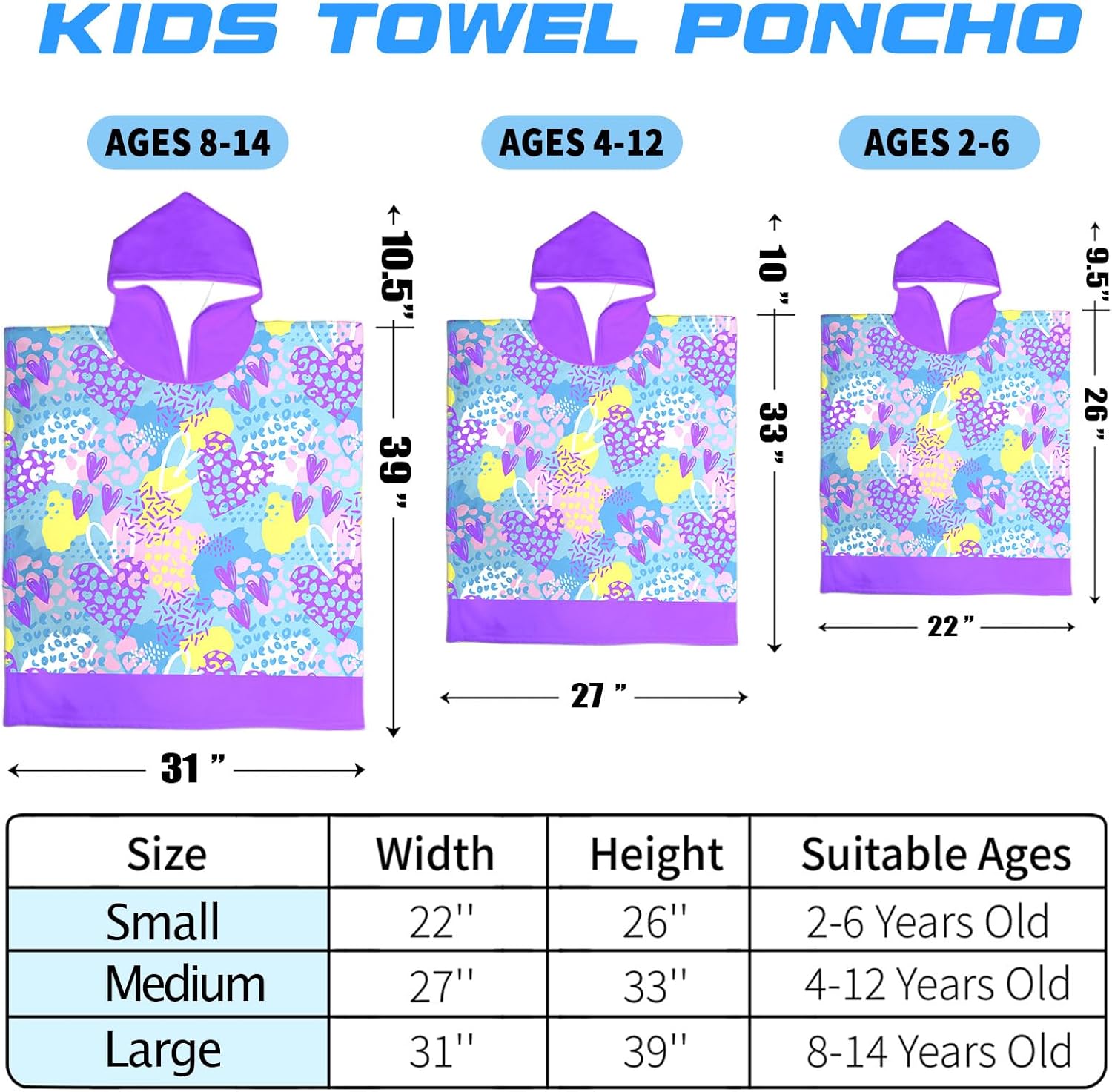 Kids Hooded Beach Towels Wrap for 8-14 Years,Cute Love Theme Girls Swim Cover Up for Bathroom，31"x39" Quick Dry Light Purple Large Bath Towel Poncho,Perfect for Travel Vacation,Pool Party,Swimming