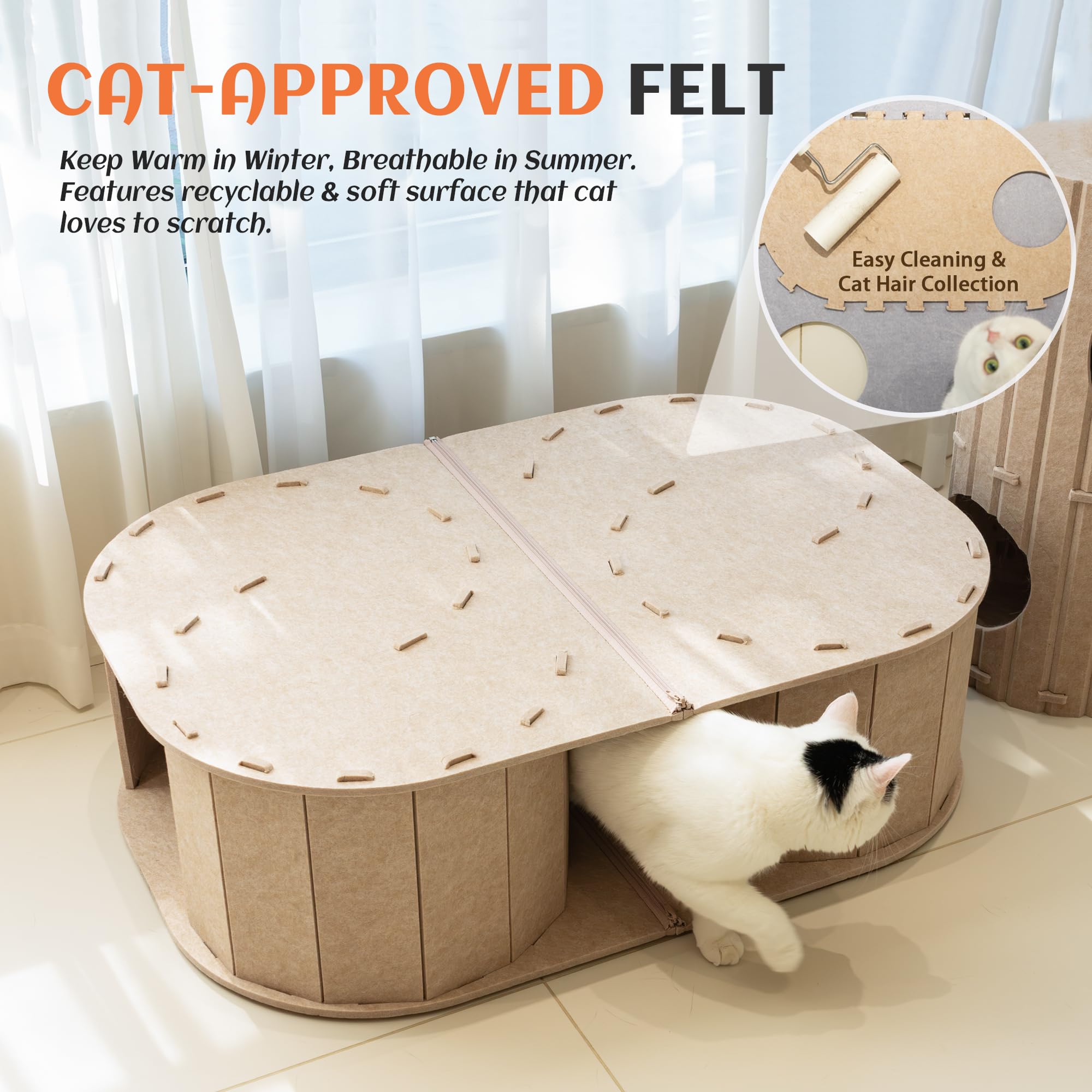 PETKARAY Großer Katzentunnel aus Filz, doppeltes S-förmiges Versteck für Indoor-Katzen, interaktives Katzenbett, Höhle und Versteck 86,4 x 57,9 x 25,9 cm, Beige