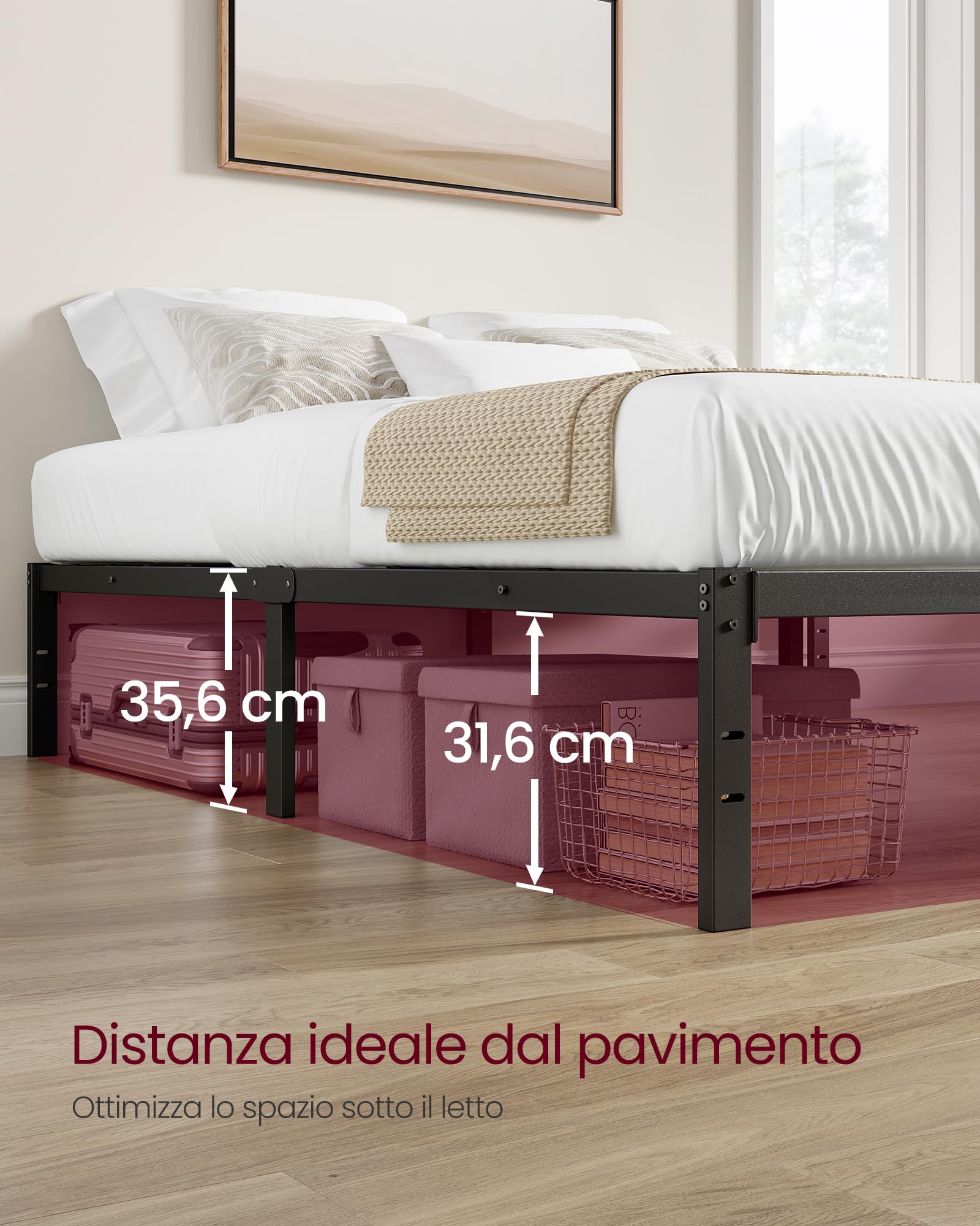 VASAGLE Struttura Letto Matrimoniale, per Materasso 160 x 190 cm, Telaio del Letto in Metallo, Spazio di Organizzazione, Moderno, per Ospiti, Montaggio Semplice, Nero Inchiostro RMB139BD01