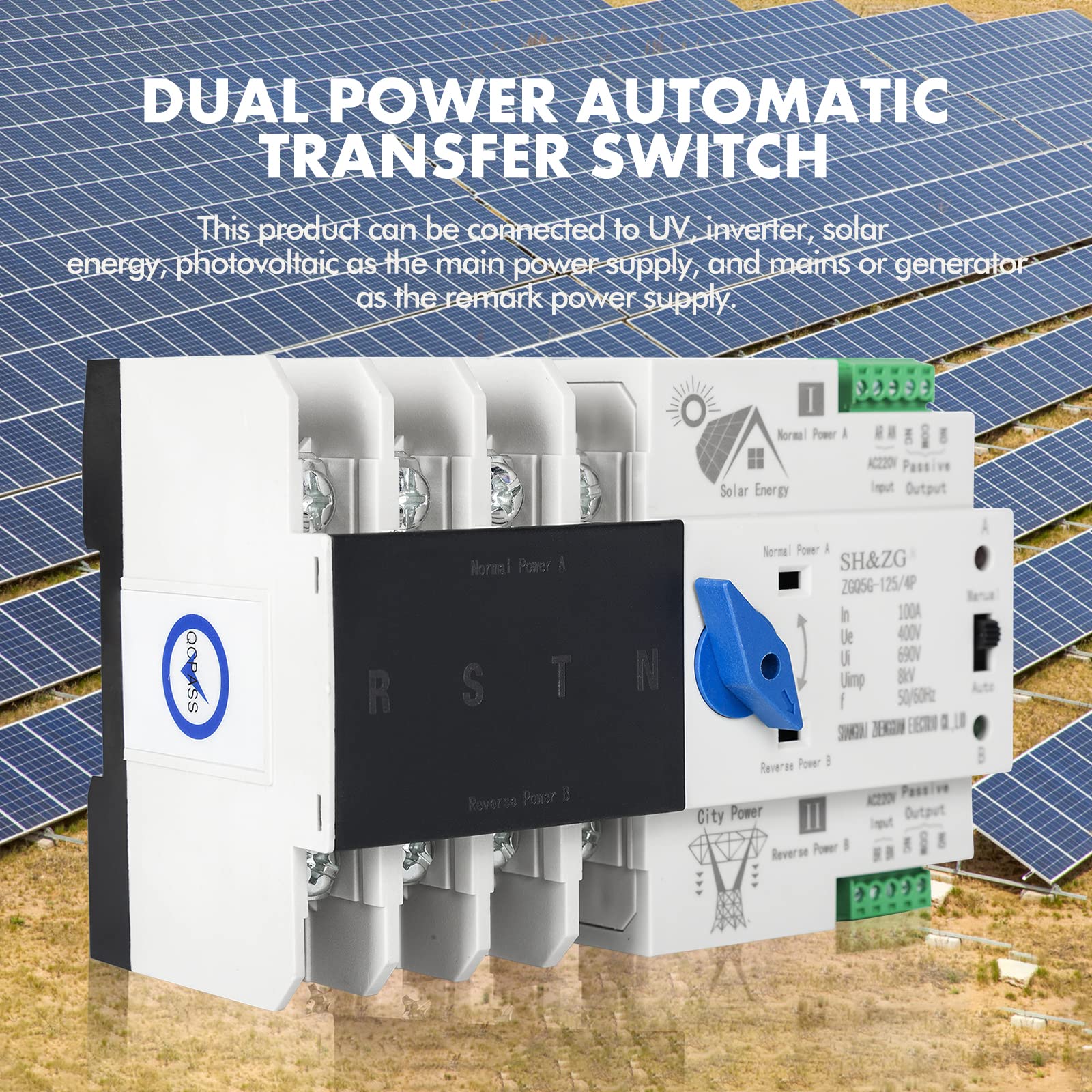 DEWIN Interruttore di trasferimento,4P 100A ATS Fotovoltaico Interruttore di trasferimento Automatico a Doppia Alimentazione Interruttore di Continuità Fotovoltaico 220V