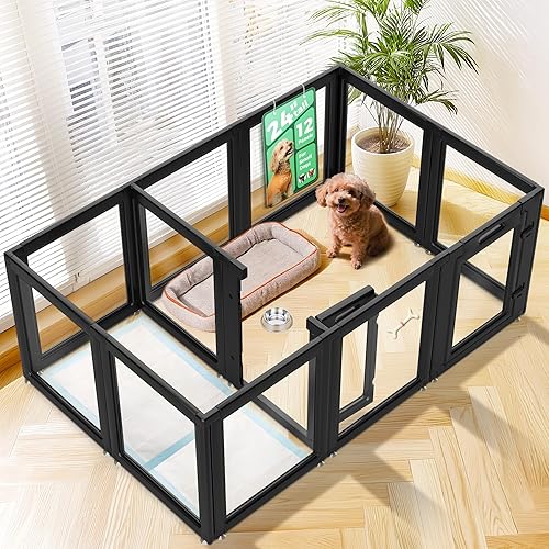 FXW AuraSpace - Corral de acrílico para perros de interior para cachorros y perros pequeños, 24 pulgadas, 12 paneles, negro