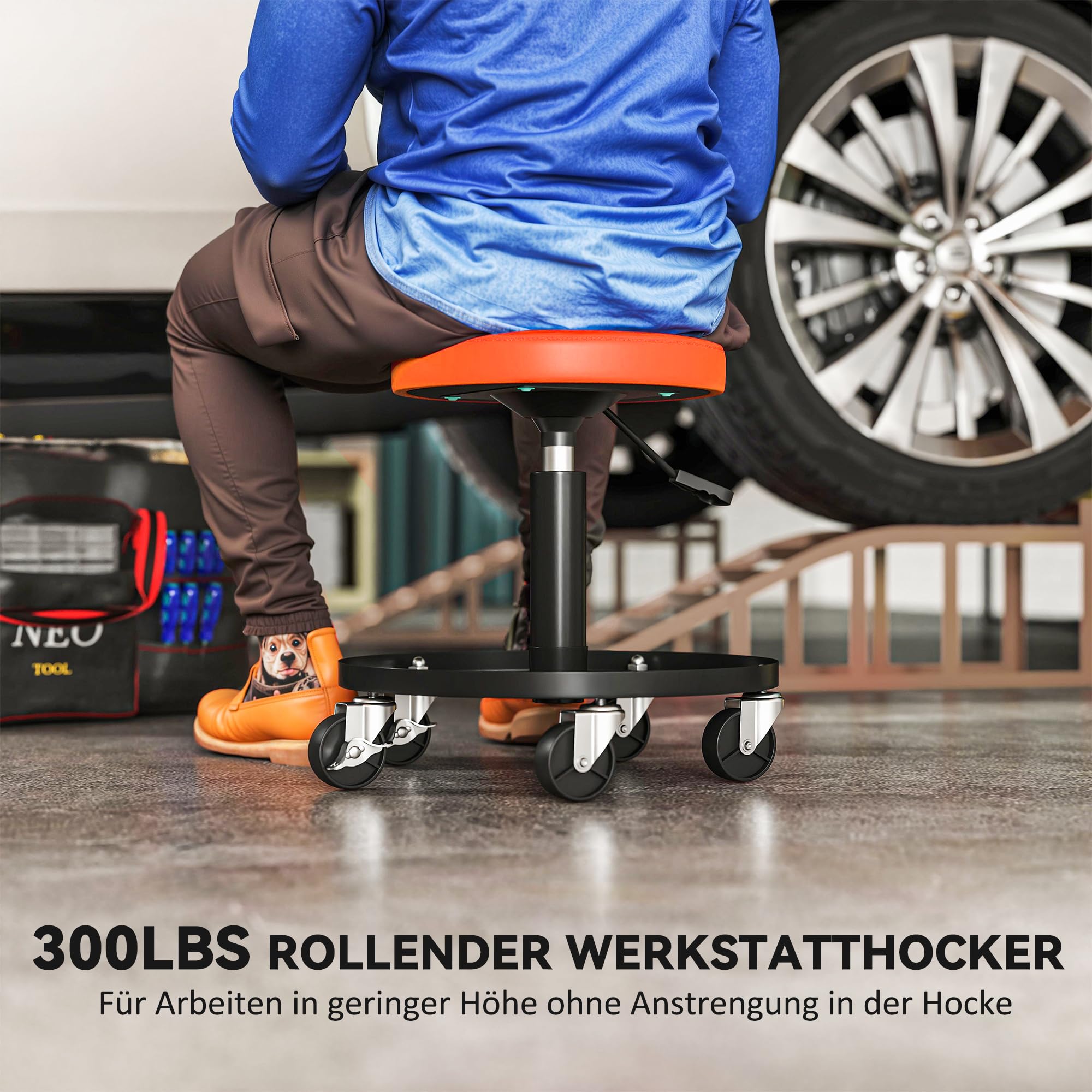 HOMCOM Krzesło warsztatowe z kółkami, obrotowe 38-50cm Pomarańczowy