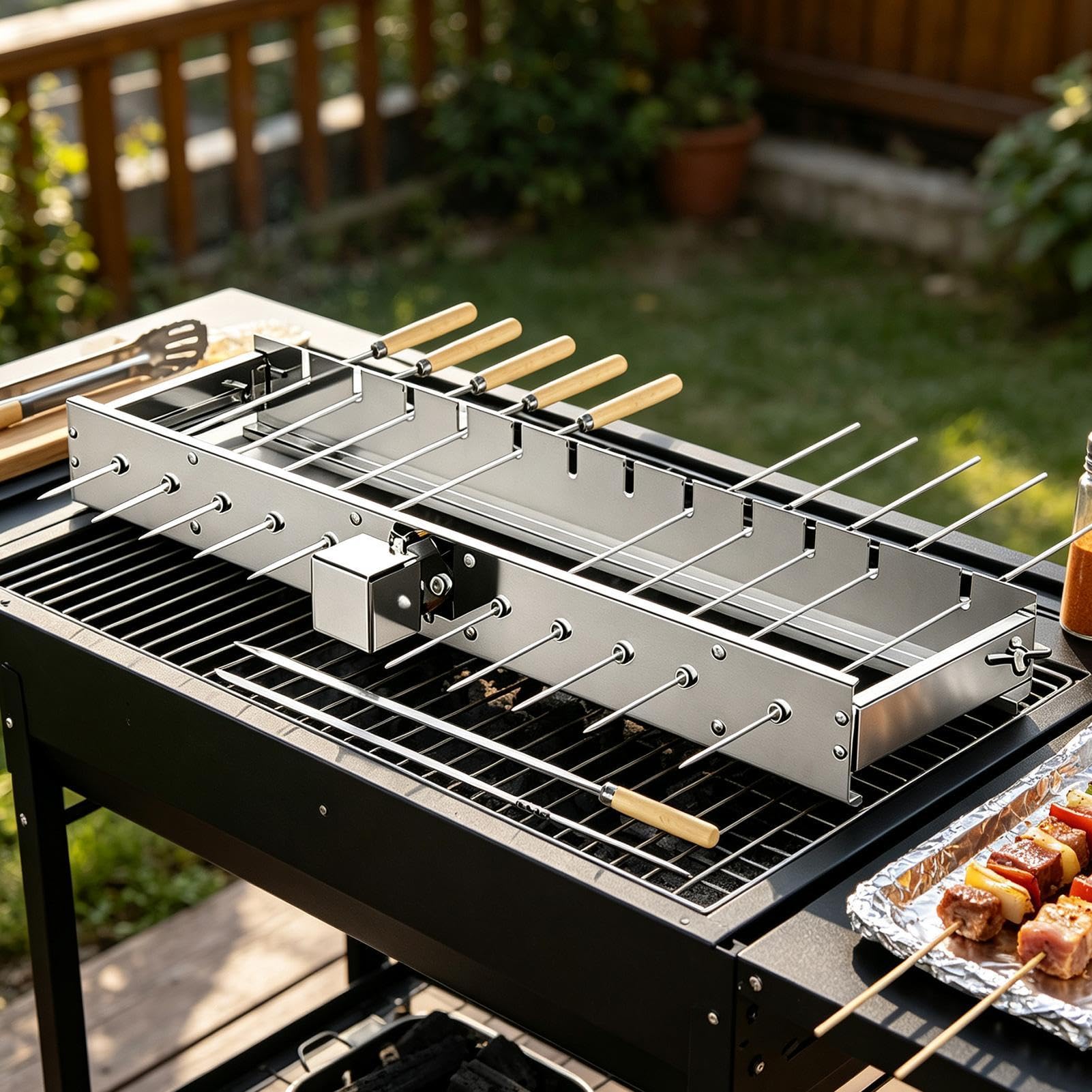 Giratorio Eléctrico de Brochetas Asador Giratorio de Ancho Ajustable con | Parrilla Giratoria Automática Para Cocinar al Aire Libre Camping Barbacoa Jardín Vacacionales Reuniones Familiare