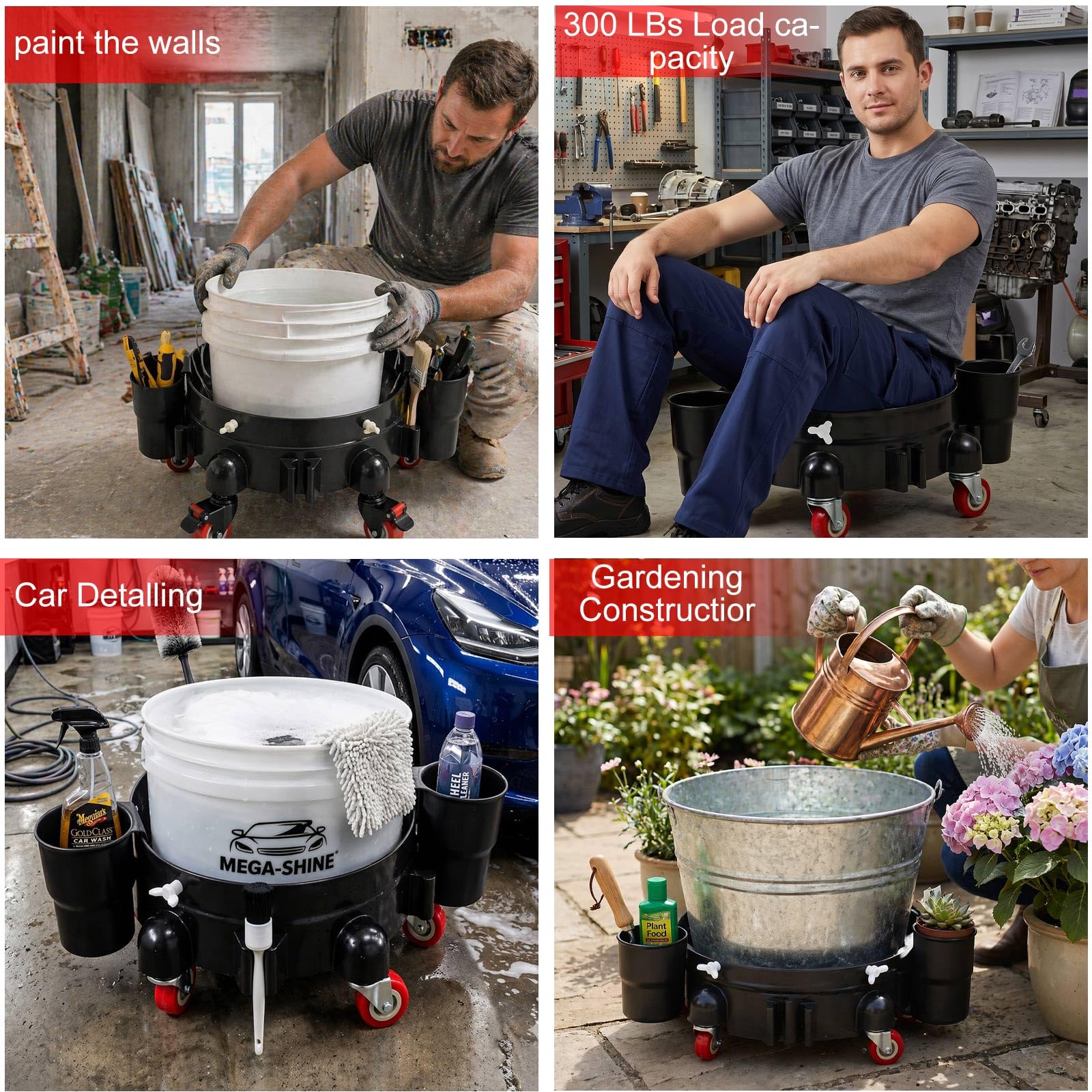 Carrito de cubo resistente con ruedas, rodillo de cubo de 5 galones con ruedas de bloqueo y abrazadera segura, carrito de cubo rodante para limpieza, jardinería, uso industrial, 300 libras, equipado