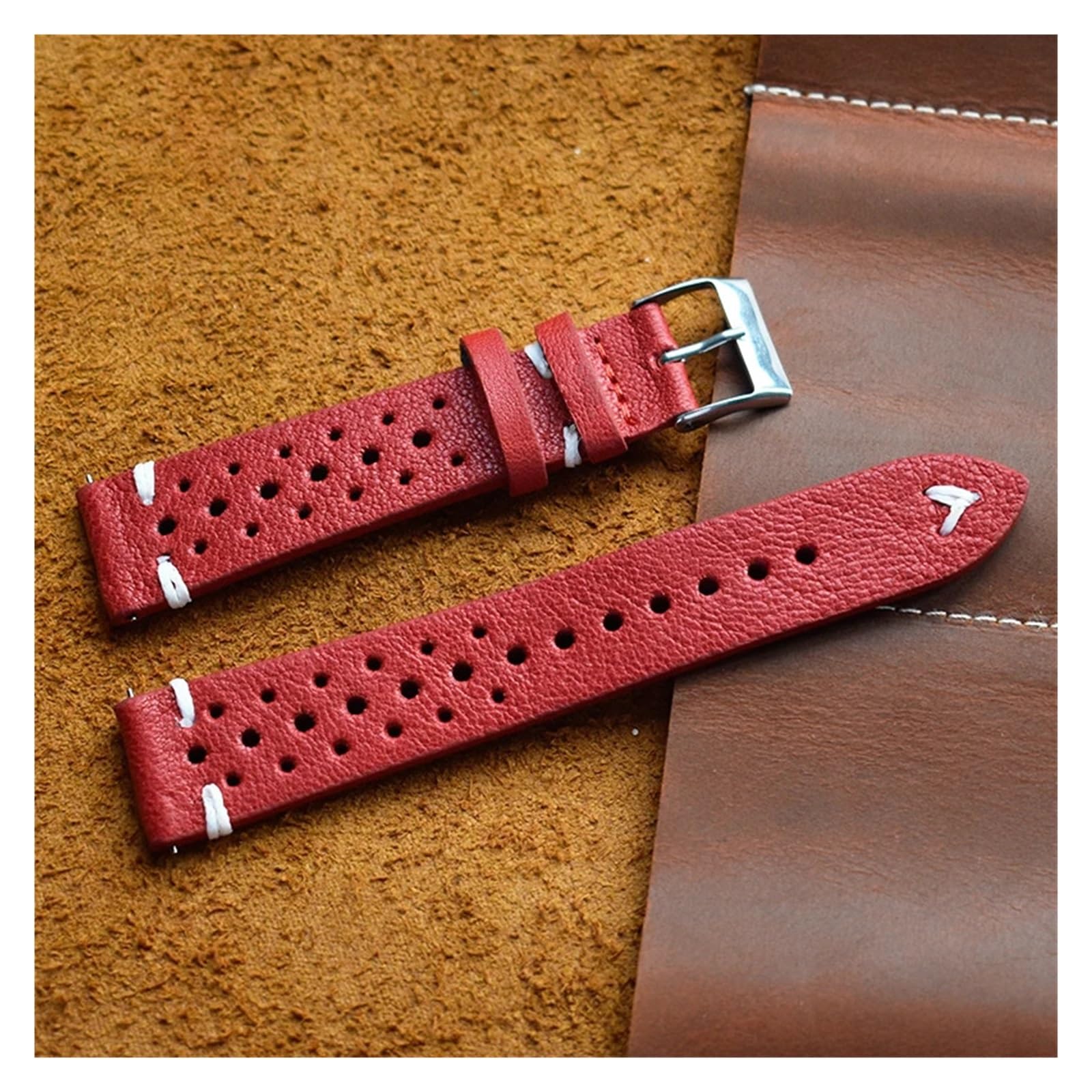 Cinturino di ricambio poroso in vera pelle, traspirante, 18 mm, 20 mm, 22 mm, 24 mm, con cuciture fatte a mano, da uomo, colore: cachi, 22 mm