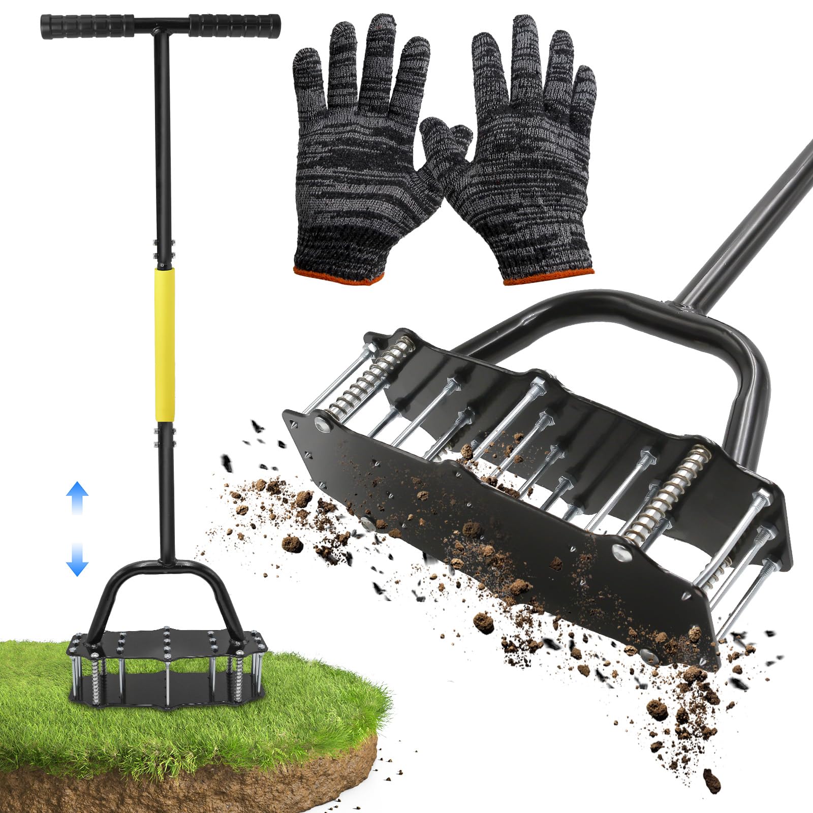 Lawn Aerator Spikes Aerating Tool with Gloves, Metal Manual Aeration Tools Pre-Assembled 17 Iron Spikes Metal, 100cm Lightweight Manual Garden Aerator for Yards, Lawn Aeration, Garden Tools, Revives