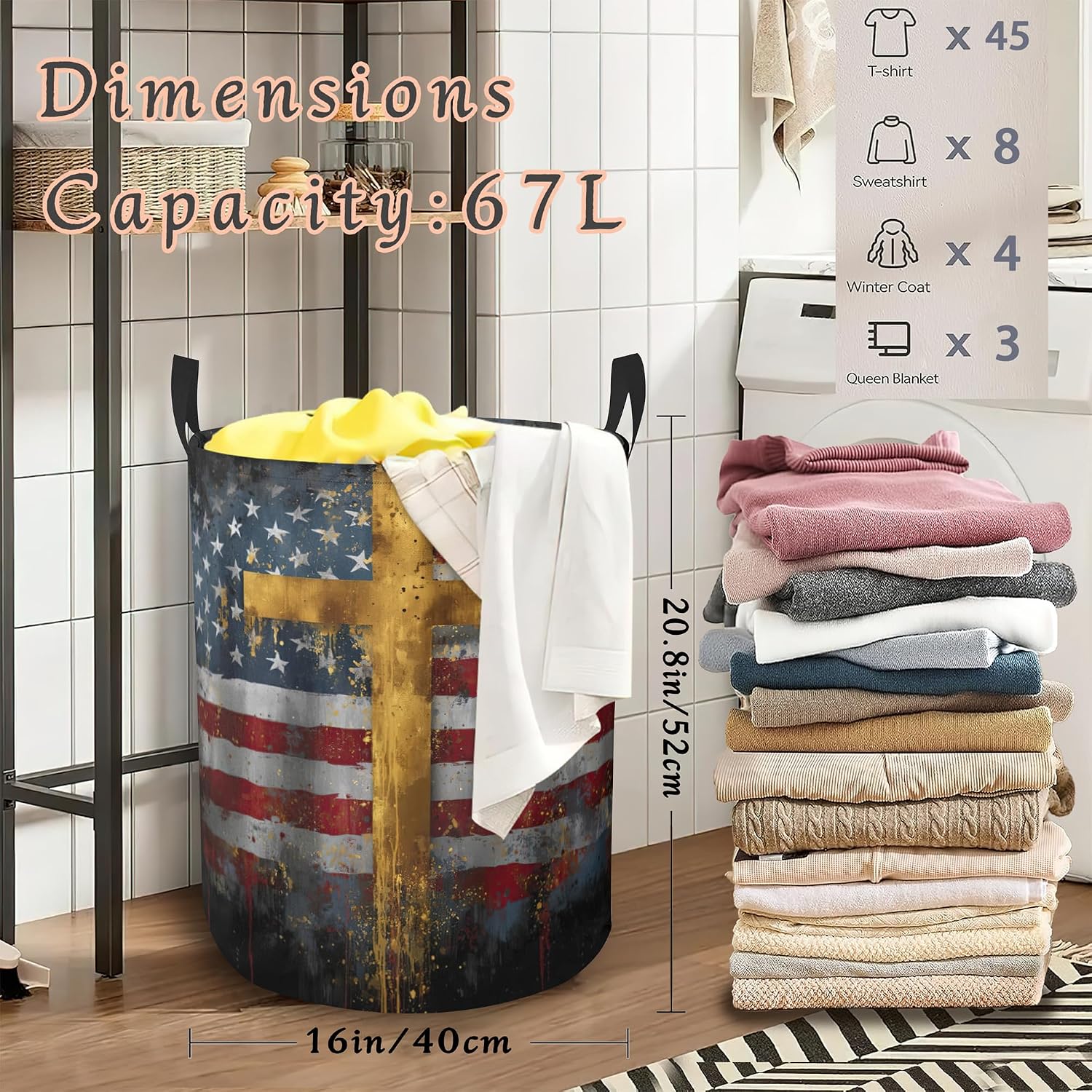 Cross Flag Laundry Basket with Handles,Waterproof Clothes Organizer Bin Collapsible Storage Basket for Bedroom Bathroom Dorm Room 16" x 20.8"