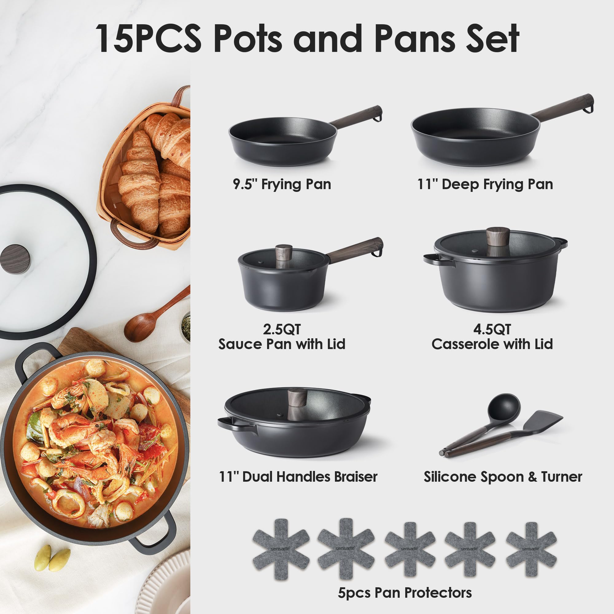 SENSARTE Set di pentole e padelle antiaderenti da cucina non tossico, lavabile in lavastoviglie, compatibile con induzione, senza PTFE/PFOA, 15 pezzi, nero