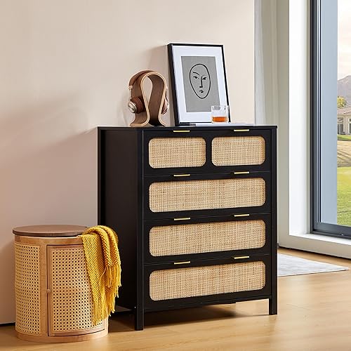 Miniatura 3 de LEVNARY Cómoda de 4 cajones para dormitorio, cajones de ratán, armario de caña de almacenamiento, cómoda de madera para dormitorio, entrada, sala de