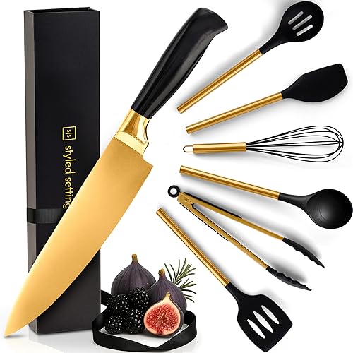 Juego de utensilios de cocina negros y dorados, paquete de 7 piezas con cuchillo de chef, herramientas de cocina de silicona antiadherente y