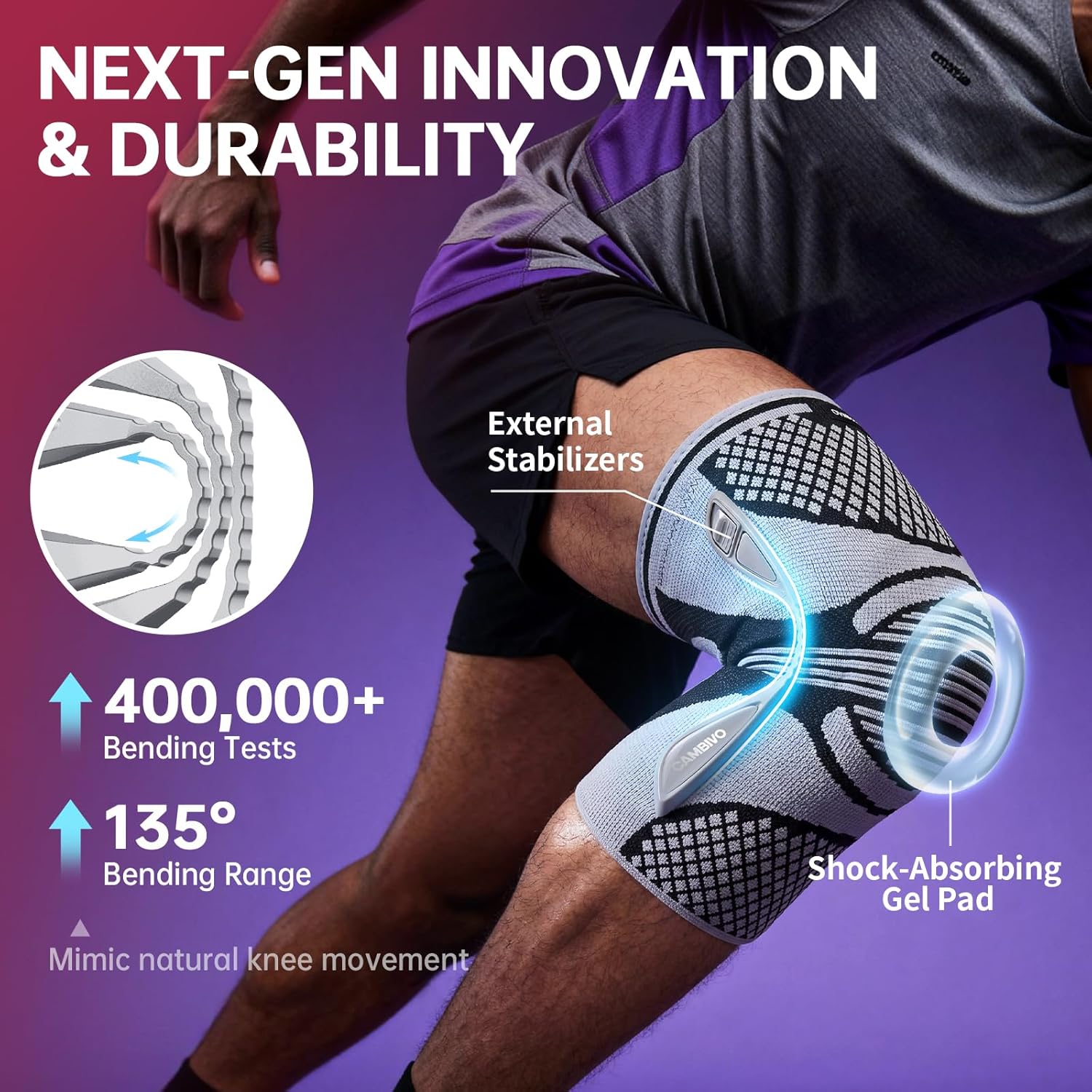 CAMBIVO Knee Support Brace with 2 Snap-on Detachable Stabilizers & Patella Gel Pads, Red Dot Awarded Compression Knee Sleeve for Meniscus Tear, ACL, Knee Pain Support, Running, Workout for Women & Men