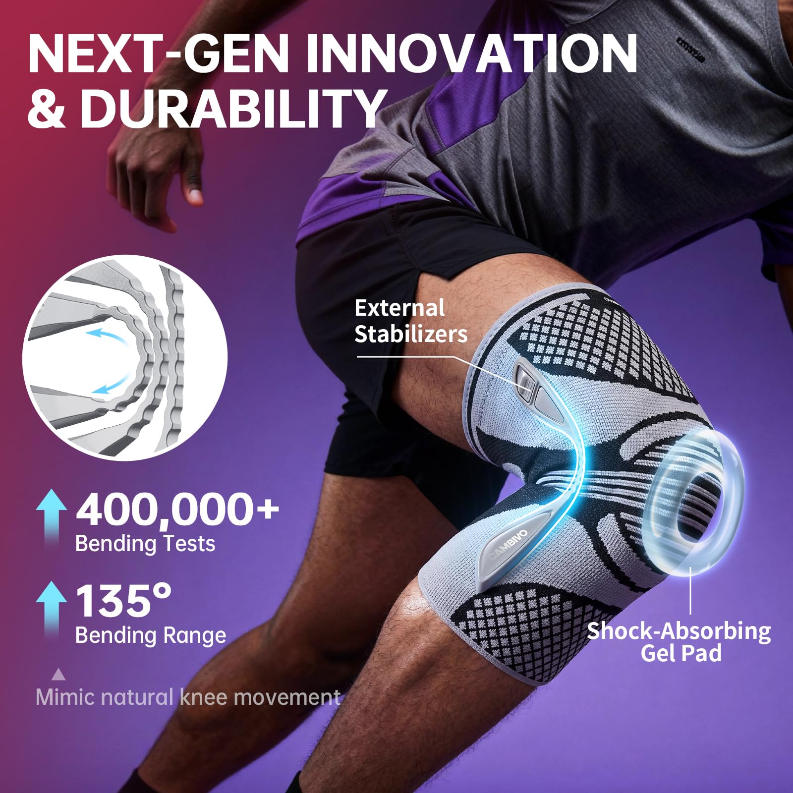 CAMBIVO Genouillère Sport à Compression avec Renforts Amovibles – Stabilisation Ligamentaire Magnétique, Coussin Gel Rotulien, Genouillere Arthrose Genou pour Sport et Récupération