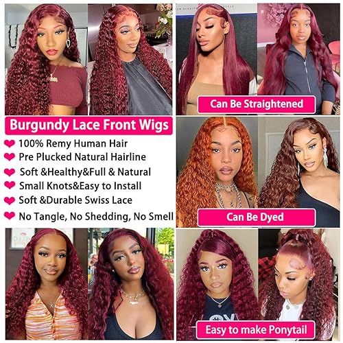 Miniatura 3 de Burgundy Lace Front Wigs Human Hair Pre Plucked 99J Deep Wave Wig 13x4 HD Lace Frontal Wigs for Black Women Human Hair Red Colored Wet and Wavy