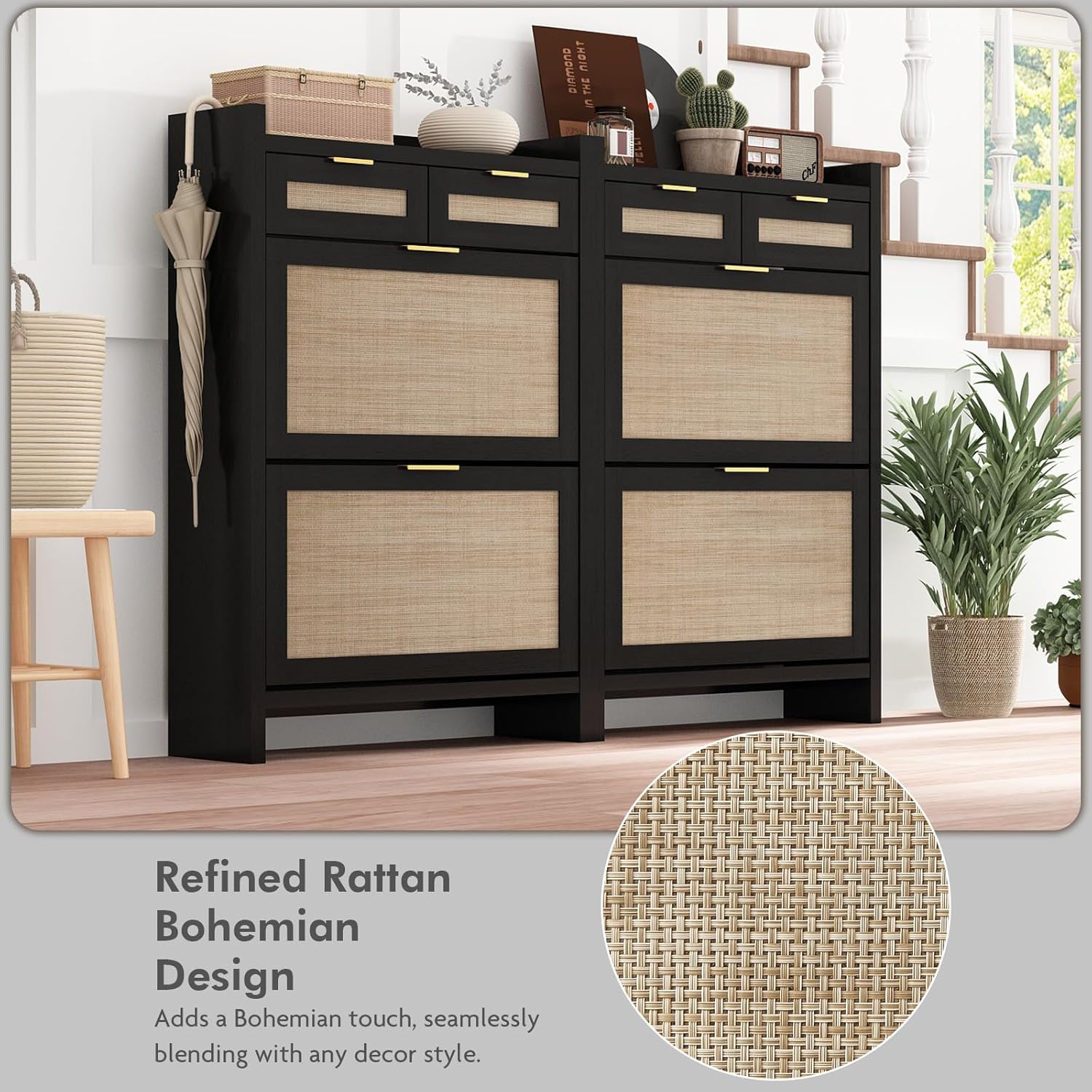 Shoe Organizer Cabinet Storage for Entryway - Slim Rattan Shoe Rack for Front Door Entrance, Narrow Hidden Shoe Cabinet with Flip Drawers, Boho Shoe Holder Cabinet, Two Doors, Black