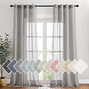NICETOWN Sheer Curtains Flax Texture for Bedroom, Vintage Grommet Top Linen Textured Semitransparent Privacy Window Treatment Light Filter for Living Room, 52" W x 96" L, Set of 2, Charcoal Grey