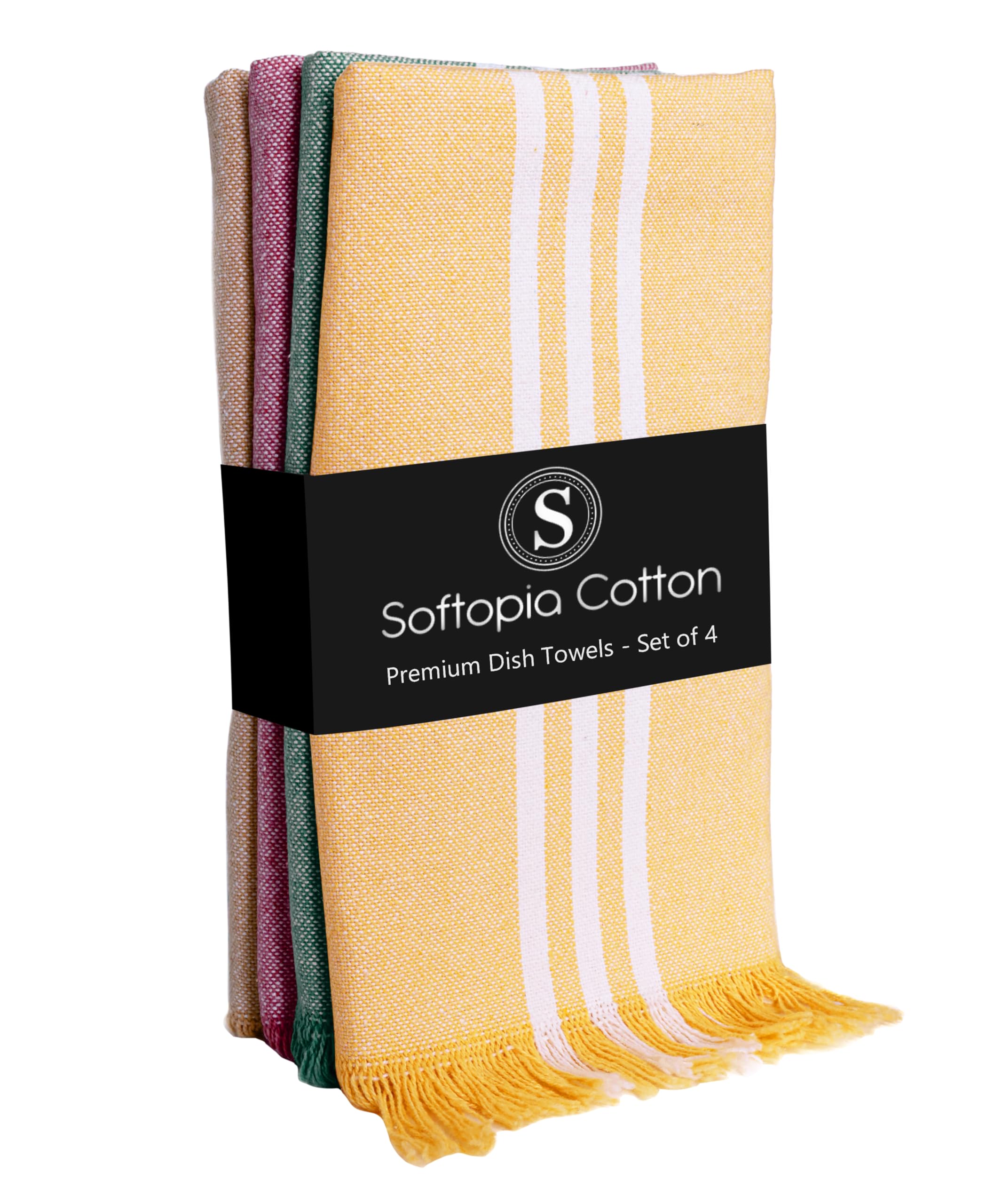 Stripe Kitchen Towels 4 Pack, 16"x26", Multicolors Dish Cloths for Drying Dishes, Reusable Wash Rags, Absorbent, Washable Towels - Mustard Yellow, Forest Green, Burgundy, Brown