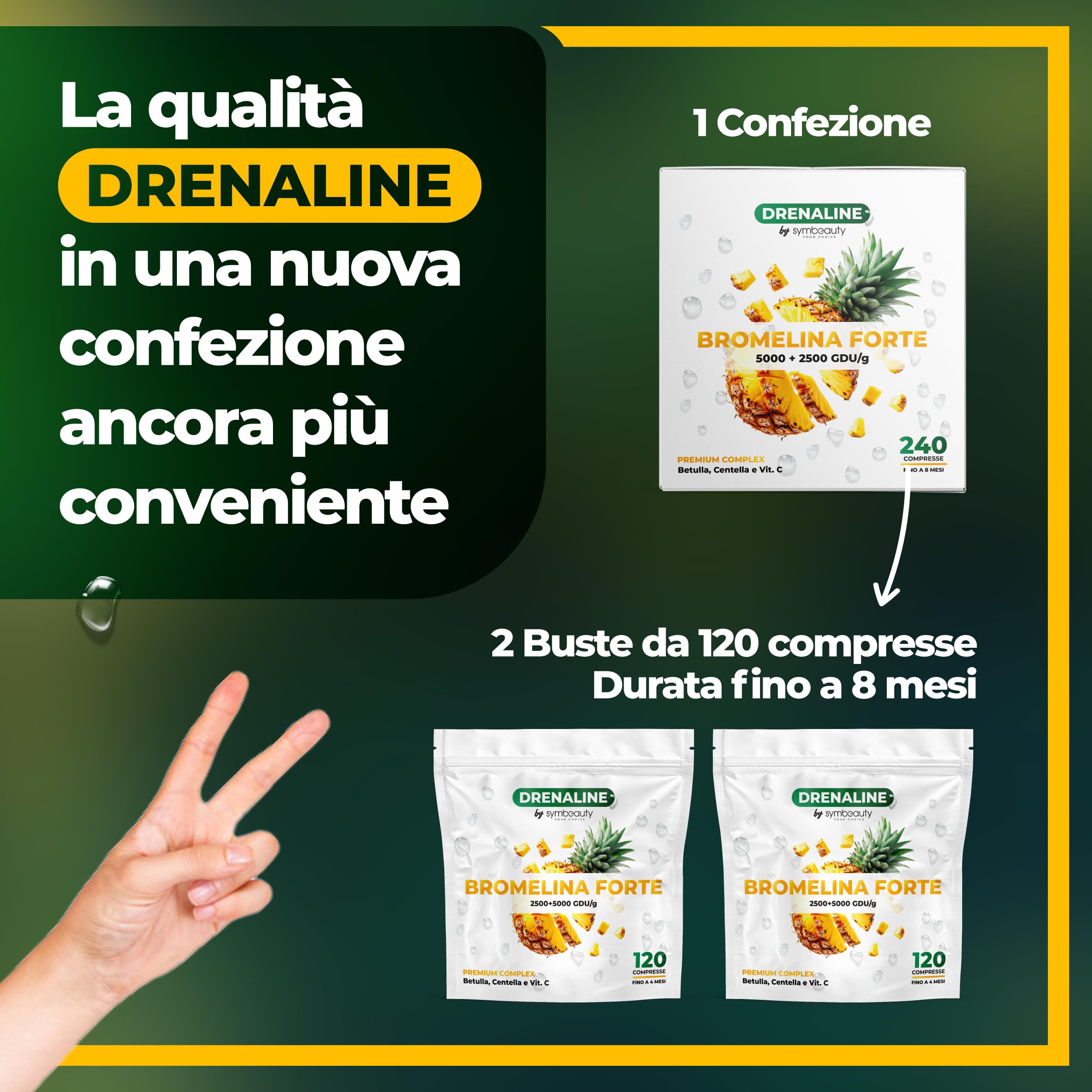 Symbeauty Bromelina Forte 240 Cpr (8 mesi) Drenaline 2500+5000 GDU | Betulla, Centella, Vitamina C | Vegano - Made in Italy - 3
