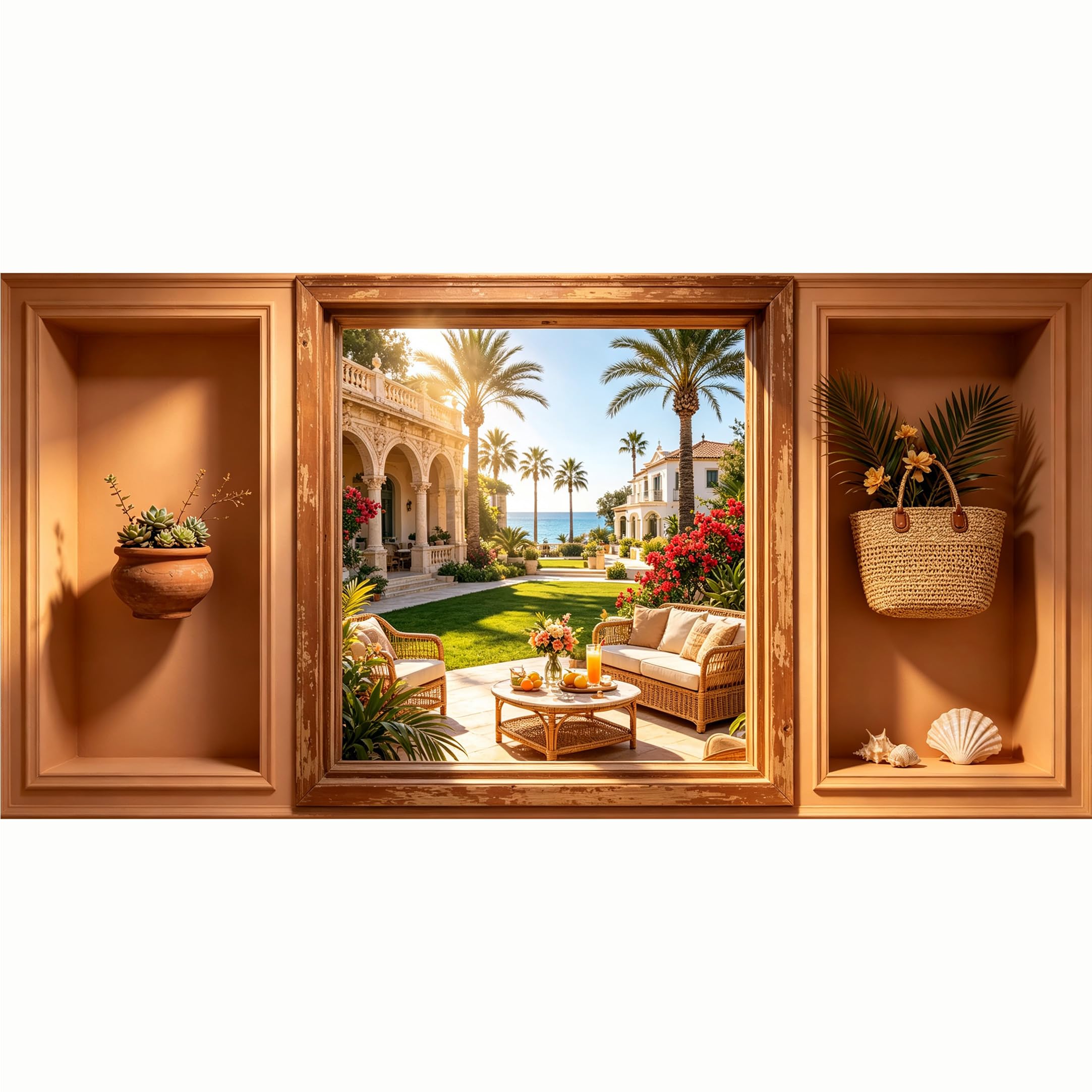 QZLITHOTIC 50x100cm 3D Framed Wall Art， Coastal Mediterranean Villa Terrace Self‑Adhesive Mural， Water‑Activated Peel & Stick Fabric Decor Wall Decal for Bedroom Living Room