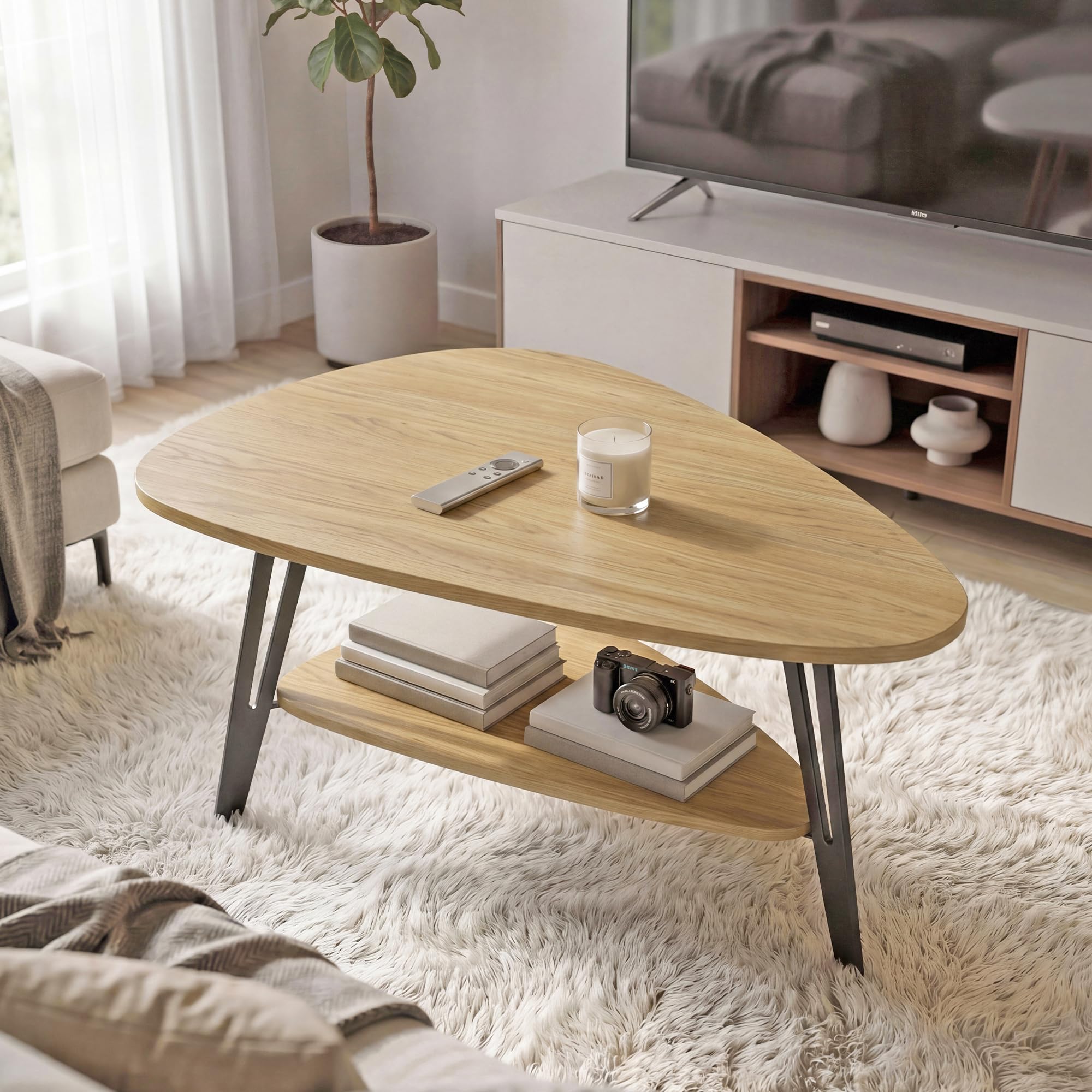 Manora Couchtisch oval Holz mit Ablagefach & Metallbeinen - Moderner Wohnzimmertisch Kaffeetisch Sofatisch Beistelltisch für Wohnzimmer Schlafzimmer Büro (Eiche+Schwarz, zweistöckig, Dreieckig)