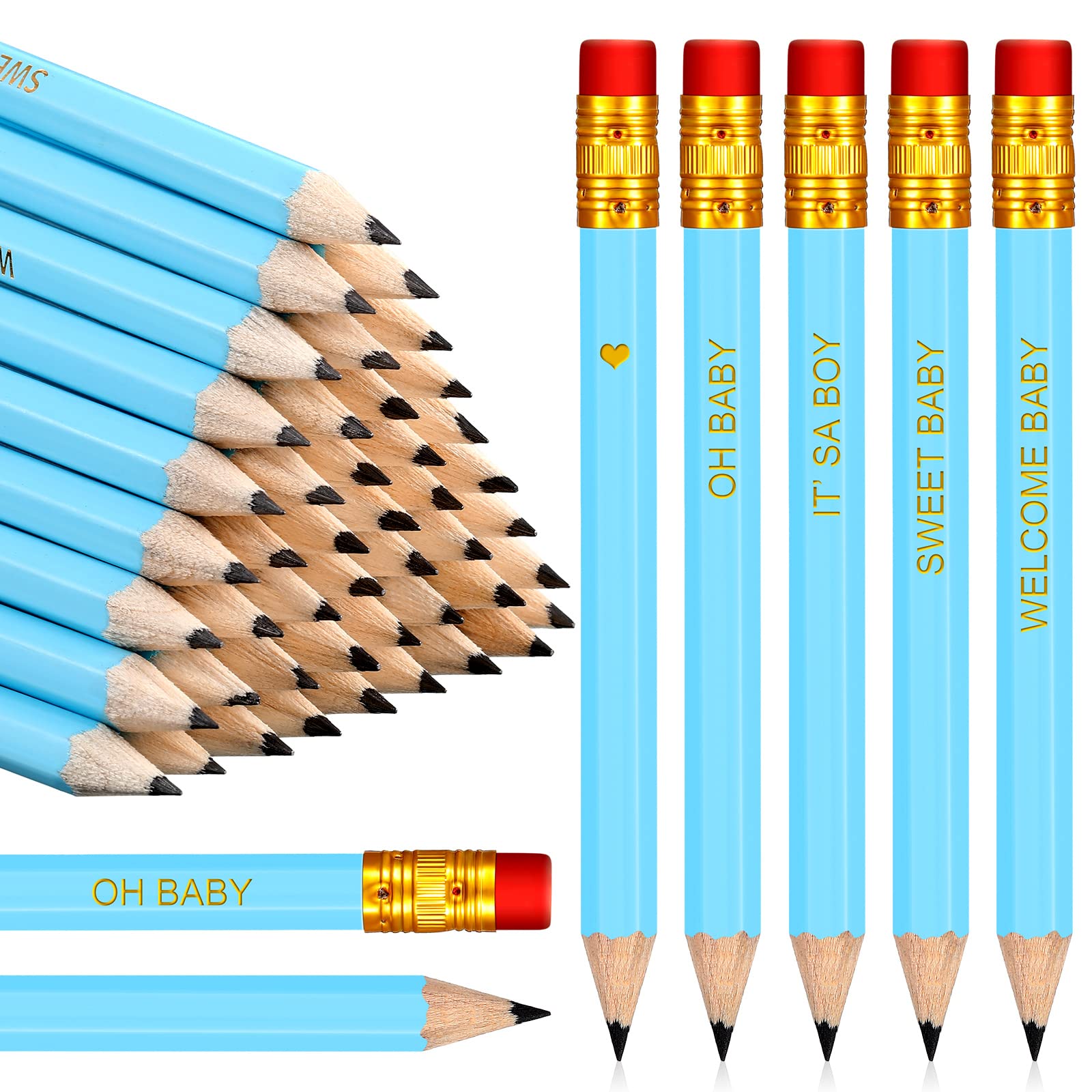 Crtiin 50 Pieces Baby Shower Pencils for Activities Mini Golf Half Pencils, Presharpened with Erasers, 4 Inch(Blue,Boy Style)