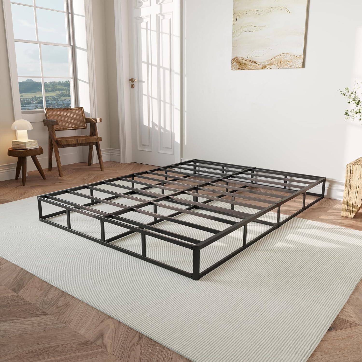Box Spring Queen Size, 9 Inch High Profile Box-Spring with Fabric Bed Cover, Noise Free Sturdy Metal Frame, Heavy Duty Steel Structure Mattress Foundation, Easy Assembly
