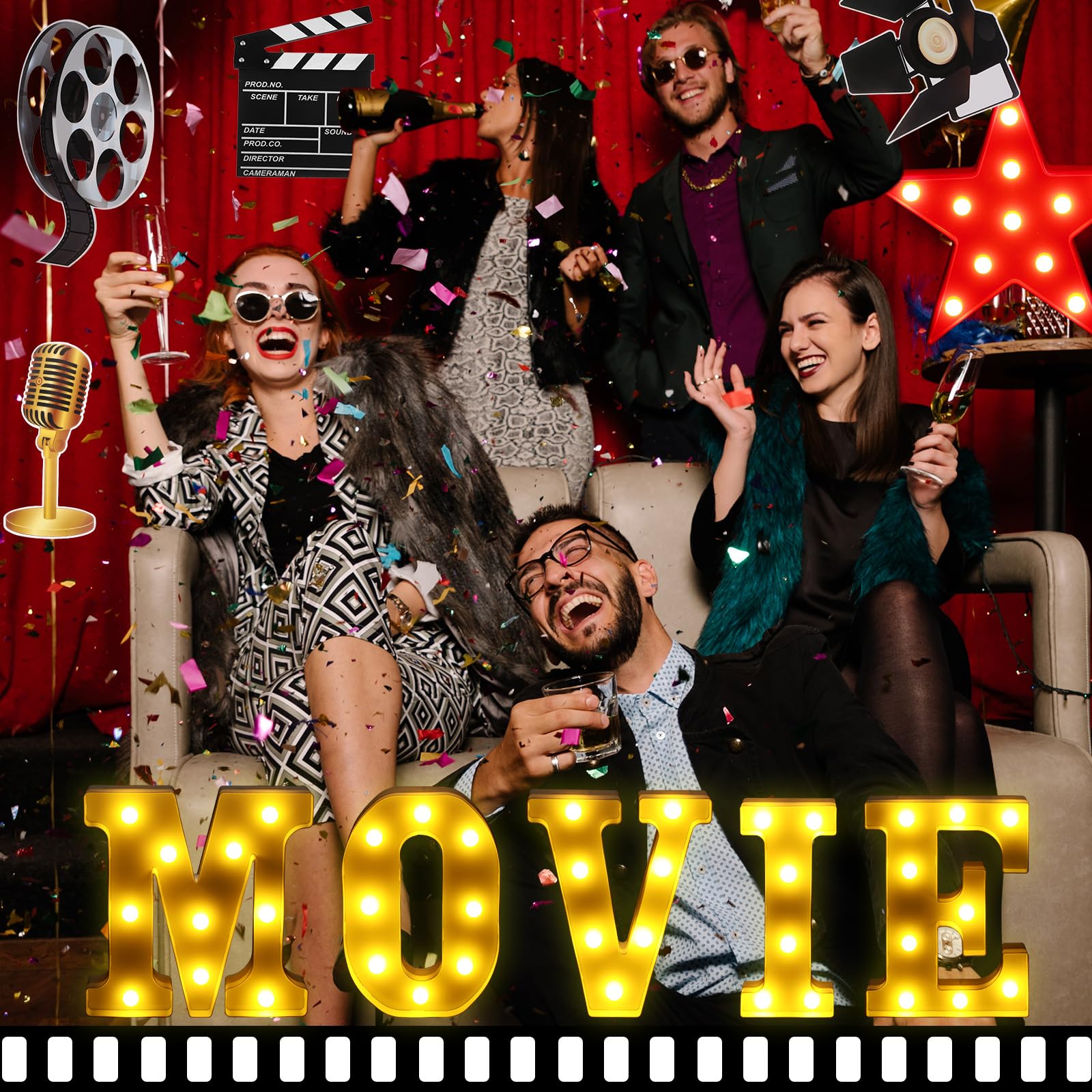 16 piezas de decoración de fiesta de película, luz LED de marquesina en forma de estrella, letrero de letra de película, tarjetas de fiesta de película, accesorios de película para decoración