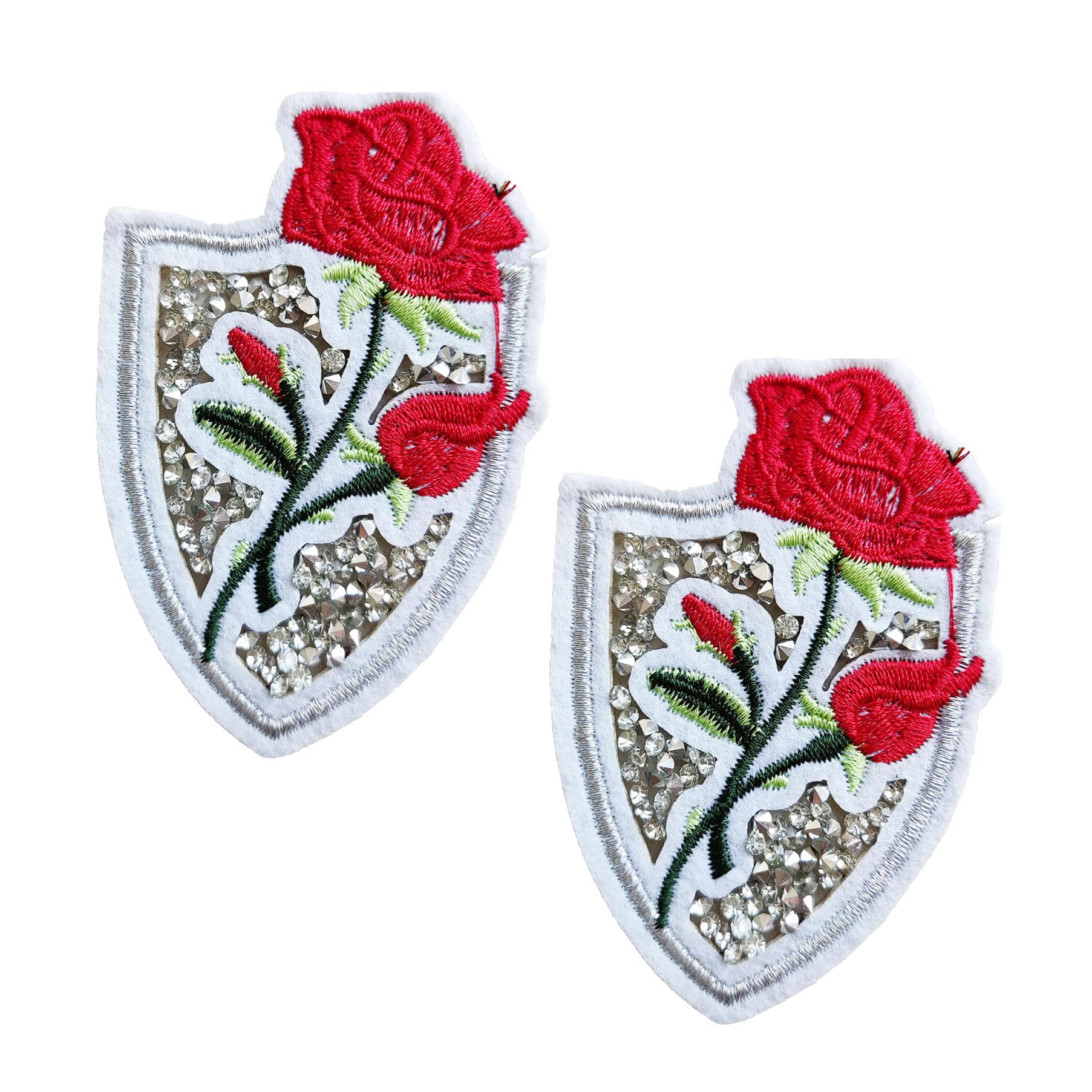2PCS Cute Red Rose Iron On Sew on Patch, Bling Rhinestone Crystal White Embroidered Patch Emblem Badge for Backpacks,Jeans(02)