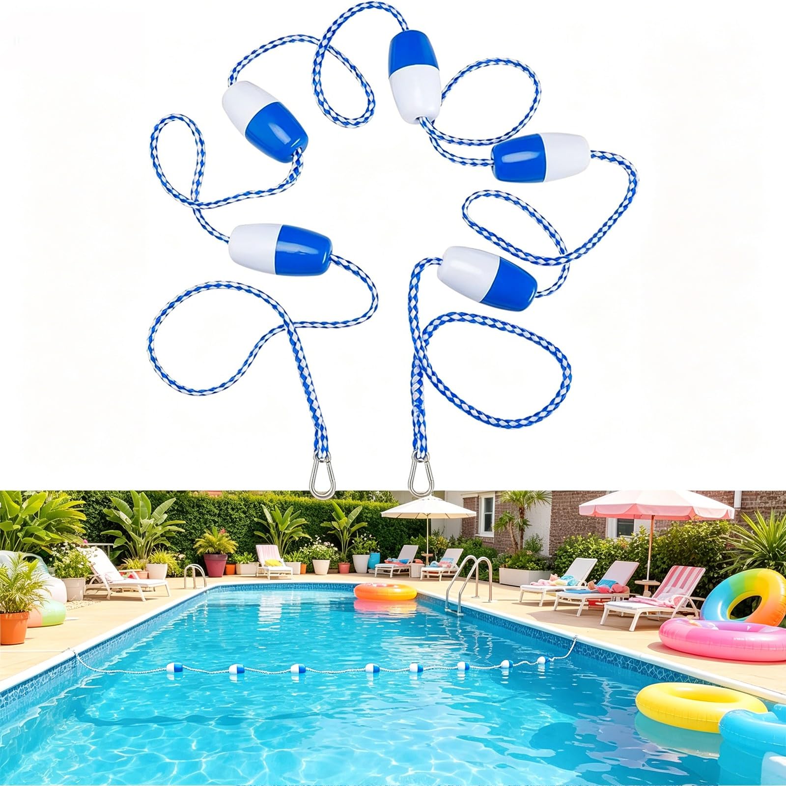 Kit di Corde e galleggianti Sicurezza per Piscina, divisorio preassemblato Zona Bassa, polimero Intrecciato con Ganci Ancoraggio, barriera divisoria Bassa Profonda Piscine interrate