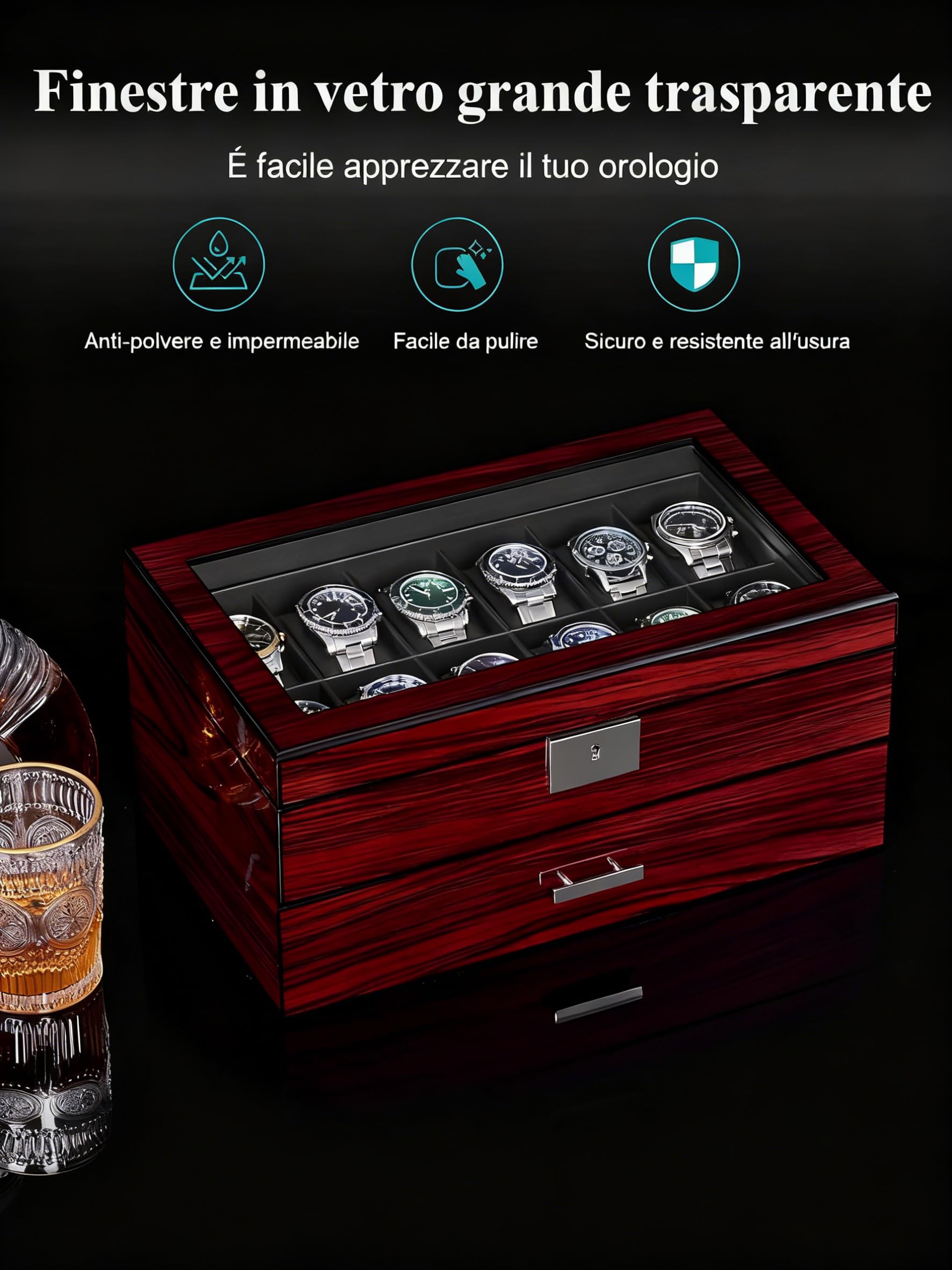 ANWBROAD Custodia per orologi da uomo con coperchio in vetro grande, a 2 livelli, con serratura, organizer per orologi, regalo di lusso JWB003Y