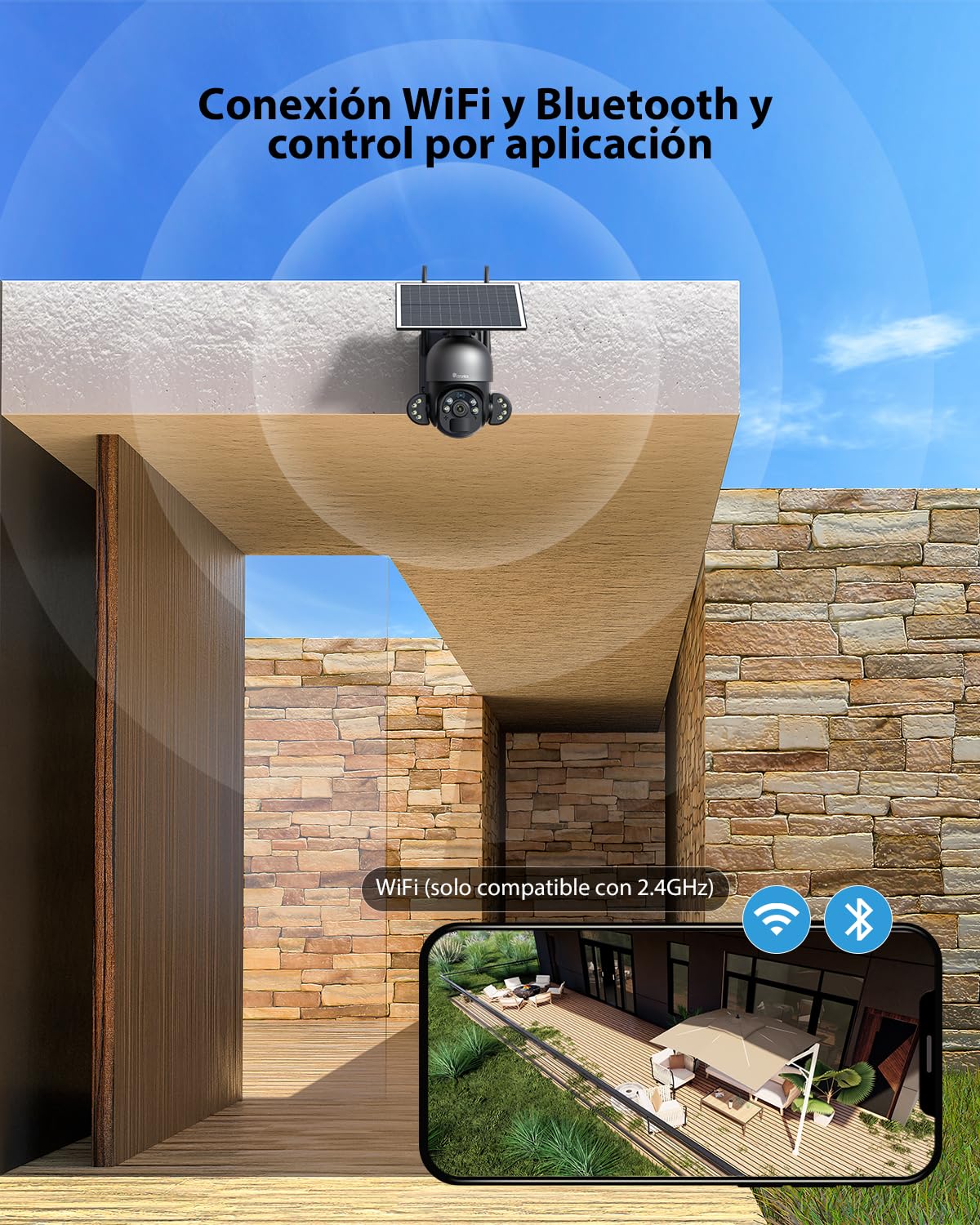 Ctronics Cámara Vigilancia Exterior con Panel Solar 6W, Cámara PTZ 3K 5MP | HD, Detección PIR y Humana, 10 Focos LED, Visión Nocturna en Color, Audio Bidireccional, FTP, Acceso Remoto por PC/Móvil
