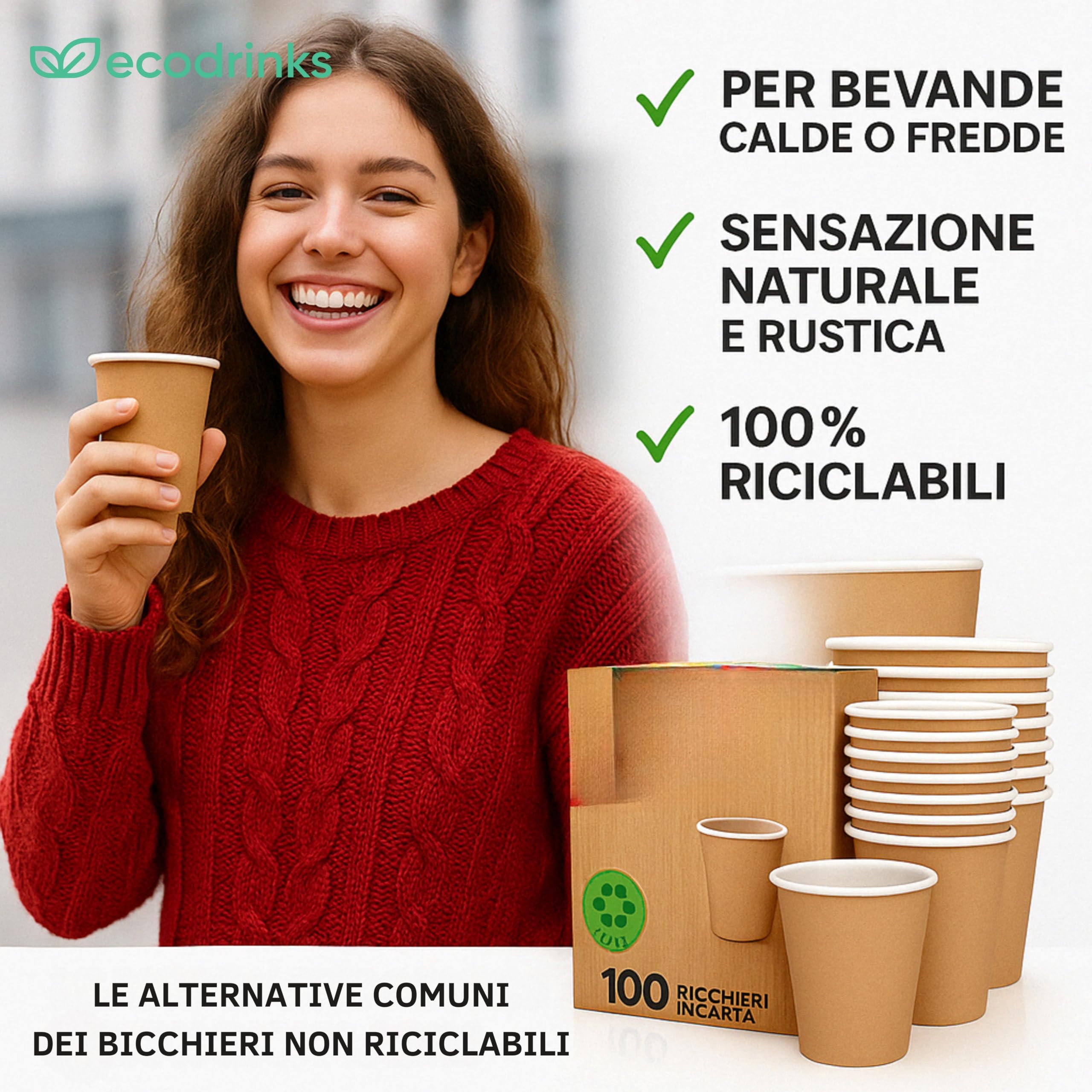 ecodrinks - 500 Bicchieri Caffe Carta Da 90ml - Set Bicchierini Monouso per Bevande Calde/Fredde - Biodegradabili, Eco-friendly e Made in Italy, Avana