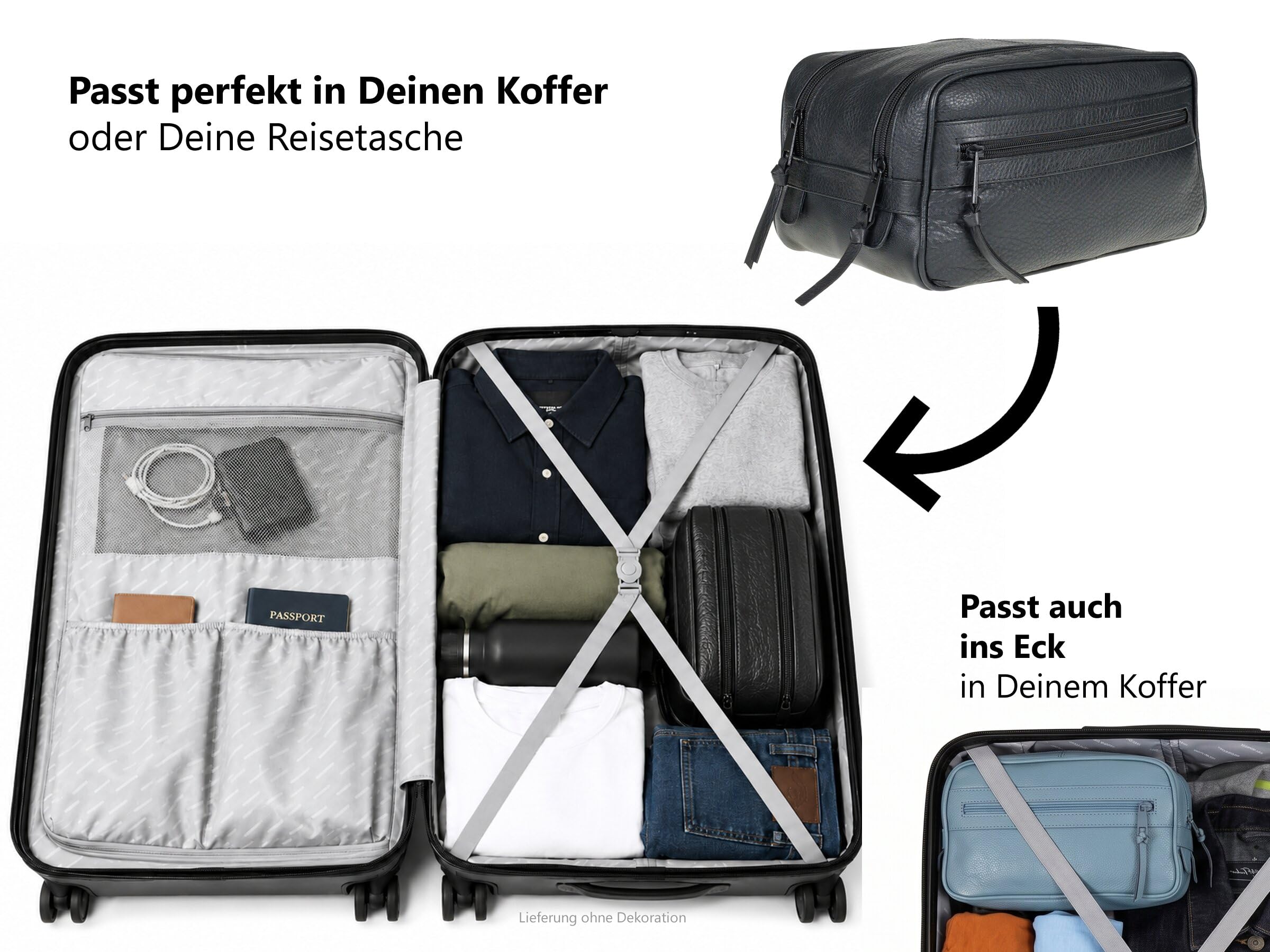 Kulturbeutel Leder Kulturtasche Washbag Sauna Siena 12977 Schwarz 1 +b