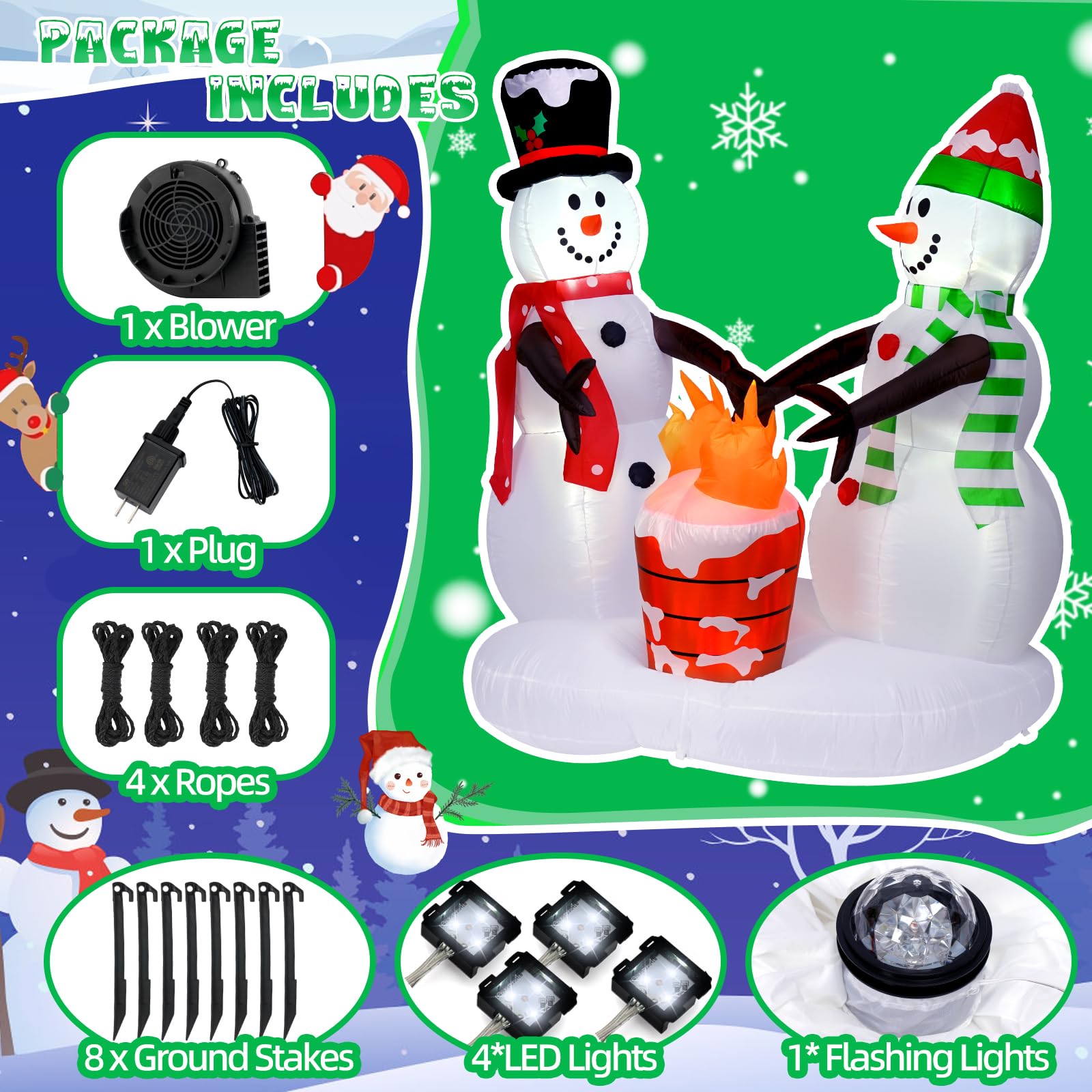 Décoration de Noël extérieure - Bonhommes de neige gonflables de 2,4 m avec flamme de feu - Décorations de cour gonflables avec LED intégrée pour extérieur, pelouse, cour, jardin