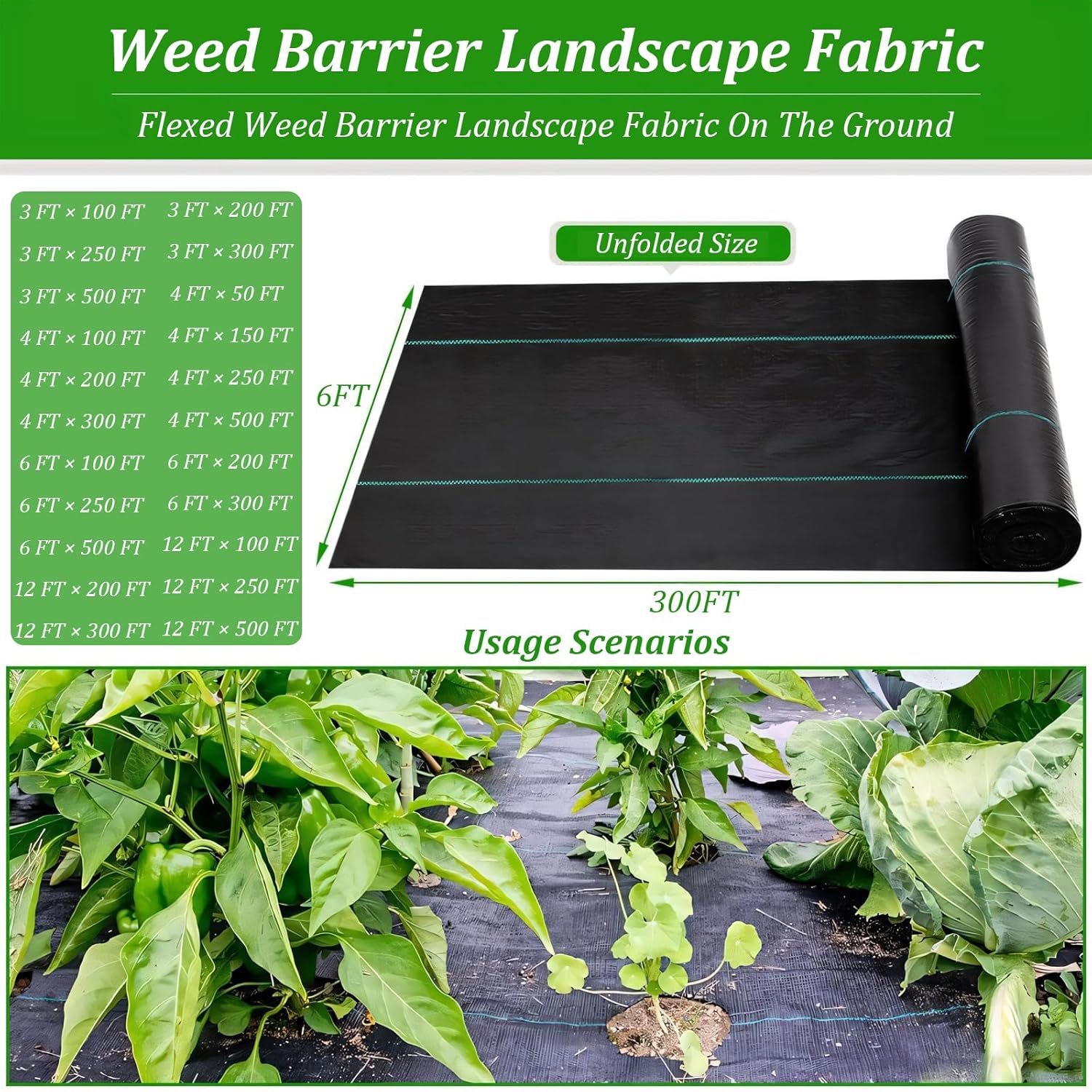 Garden Weed Barrier Landscape Fabric, 6x300ft Ground Cover Weed Block Gardening Mat, 3.2oz Heavy Duty Woven Mulch for Landscaping, Garden Bed Liner, Durable UV Resistant, Black