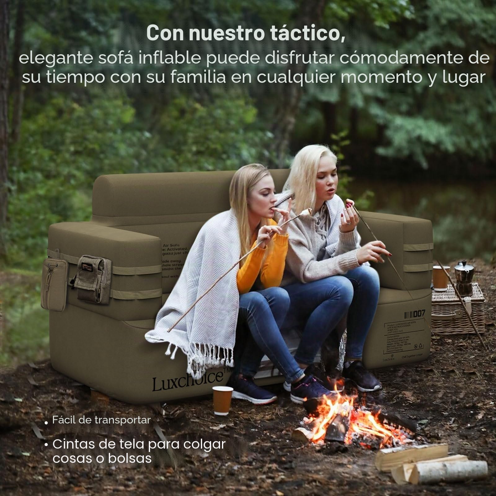 Luxchoice Sofá Hinchable Camping 2 Plaza con Bomba Portátil USB | Bomba Desmontable, Cama doble, Tejido Oxford 1000D, Capacidad de carga máxima 400 kg, Para Acampadas y Cenas Familiares