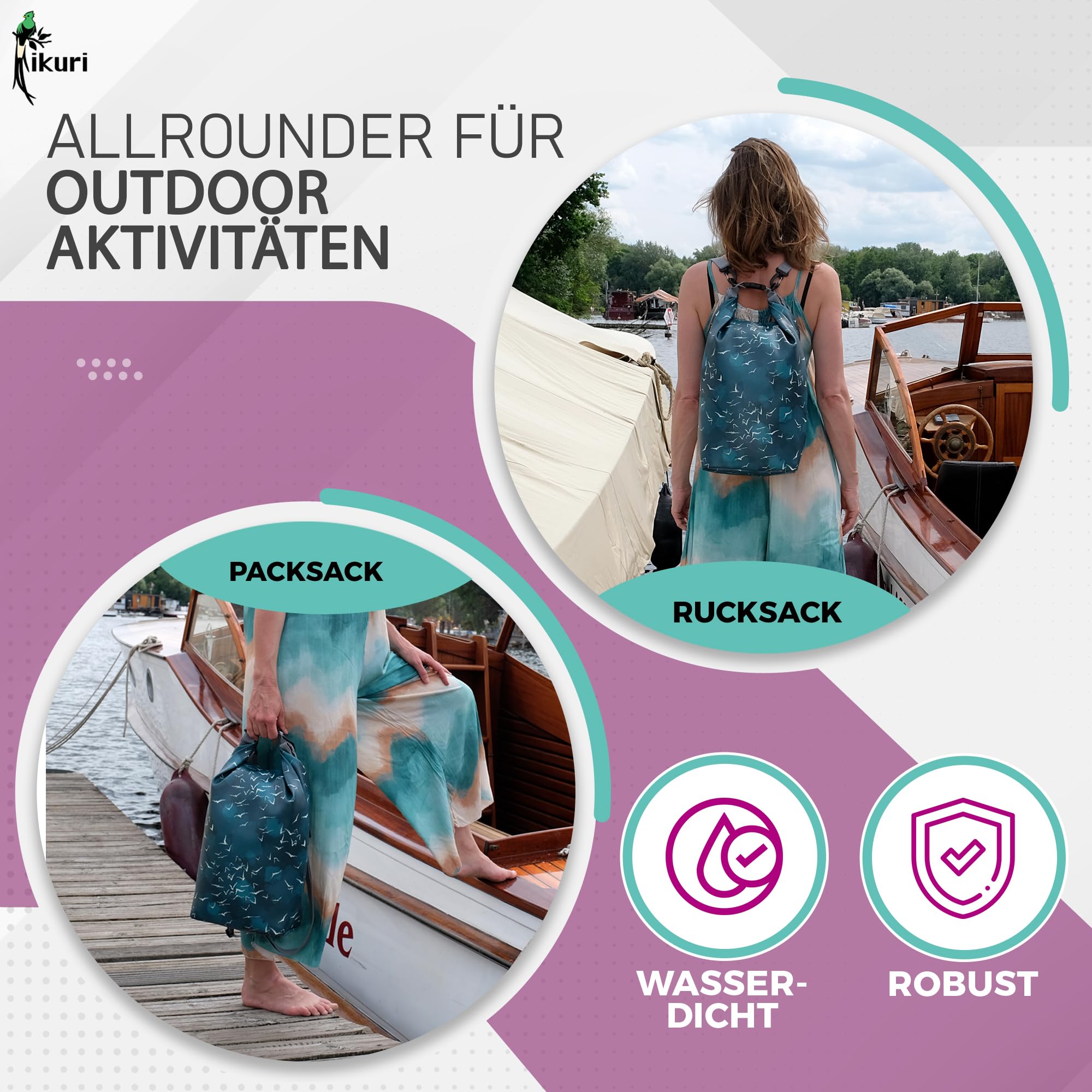 Ikuri Drybag Trockentasche Rucksack Rolltop Wasserdicht aus Plane - Tasche für SUP, Surf, Kayak, Outdoor - Design Marina
