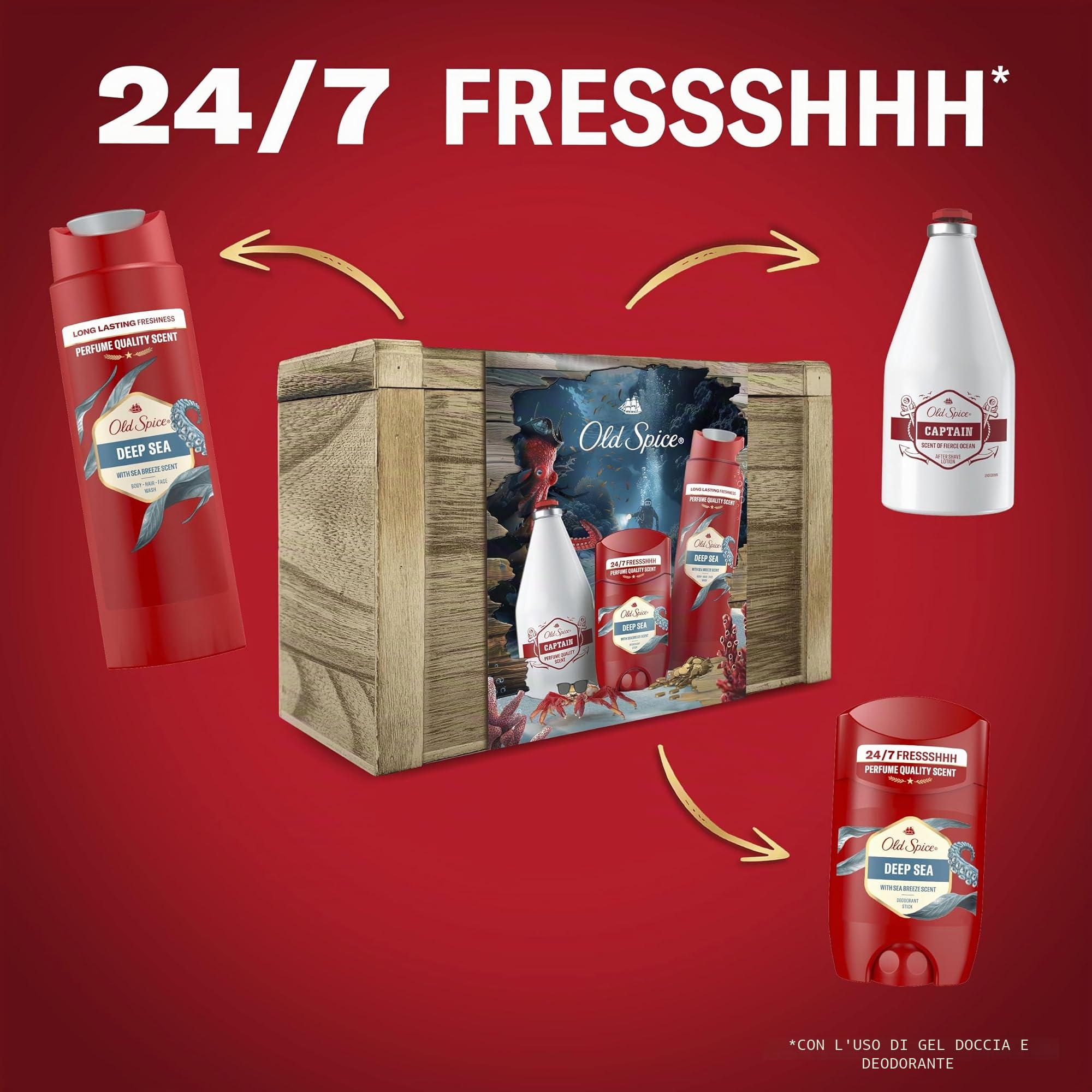 Old Spice Confezione regalo Treasure Chest, set regalo uomo, Deep Sea Deodorant Stick 50ml, deodorante spray 150ml, gel doccia 250ml e dopobarba Capitan 100ml