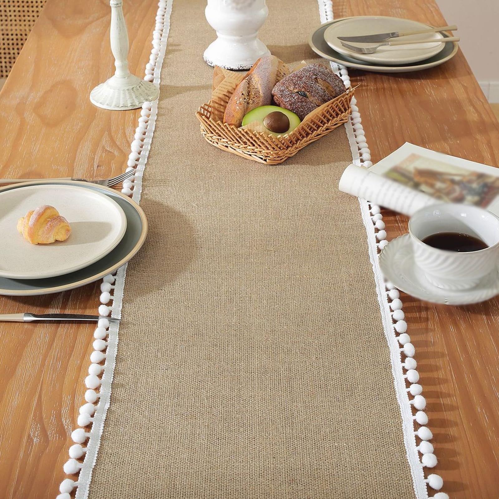 Camino de mesa de arpillera con encaje natural trenzado de yute rústico, antideslizante, lavable a máquina para fiestas de primavera y verano, estilo E (30 x 220 cm)