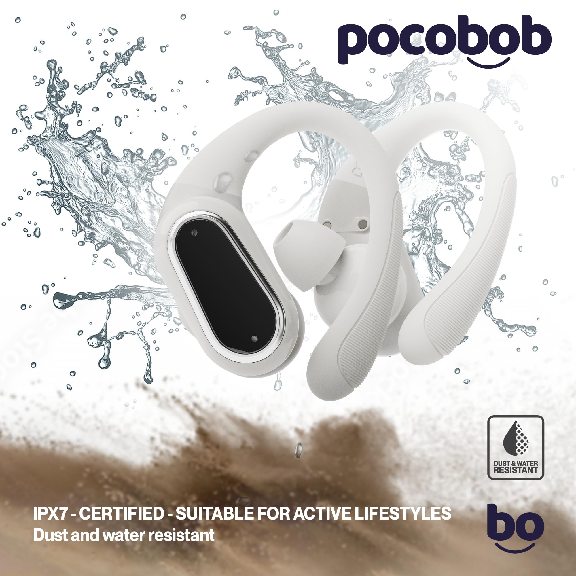 SP con archetti auricolari, Bluetooth 5.0, microfono, touch, IPX7, 30h di autonomia, USB-C – Auricolari wireless per fitness, corsa e outdoor (Beige)