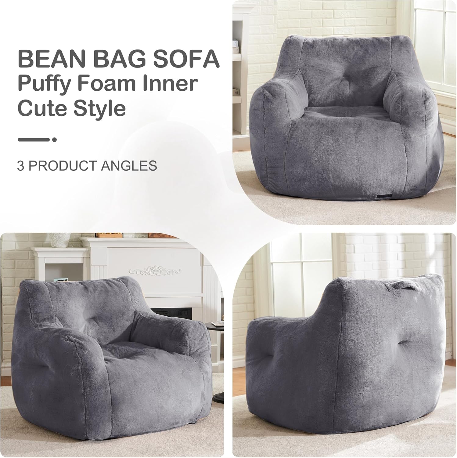 Hobestluk Bean Bag Chair for Adult Small Bean Bag Chairs with Arms Furry Beanbag Chair with Foam Filler Stuffed Bean Bag Sofa for Reading in Bedroom Living Room and Dorms(Grey) - Image 6