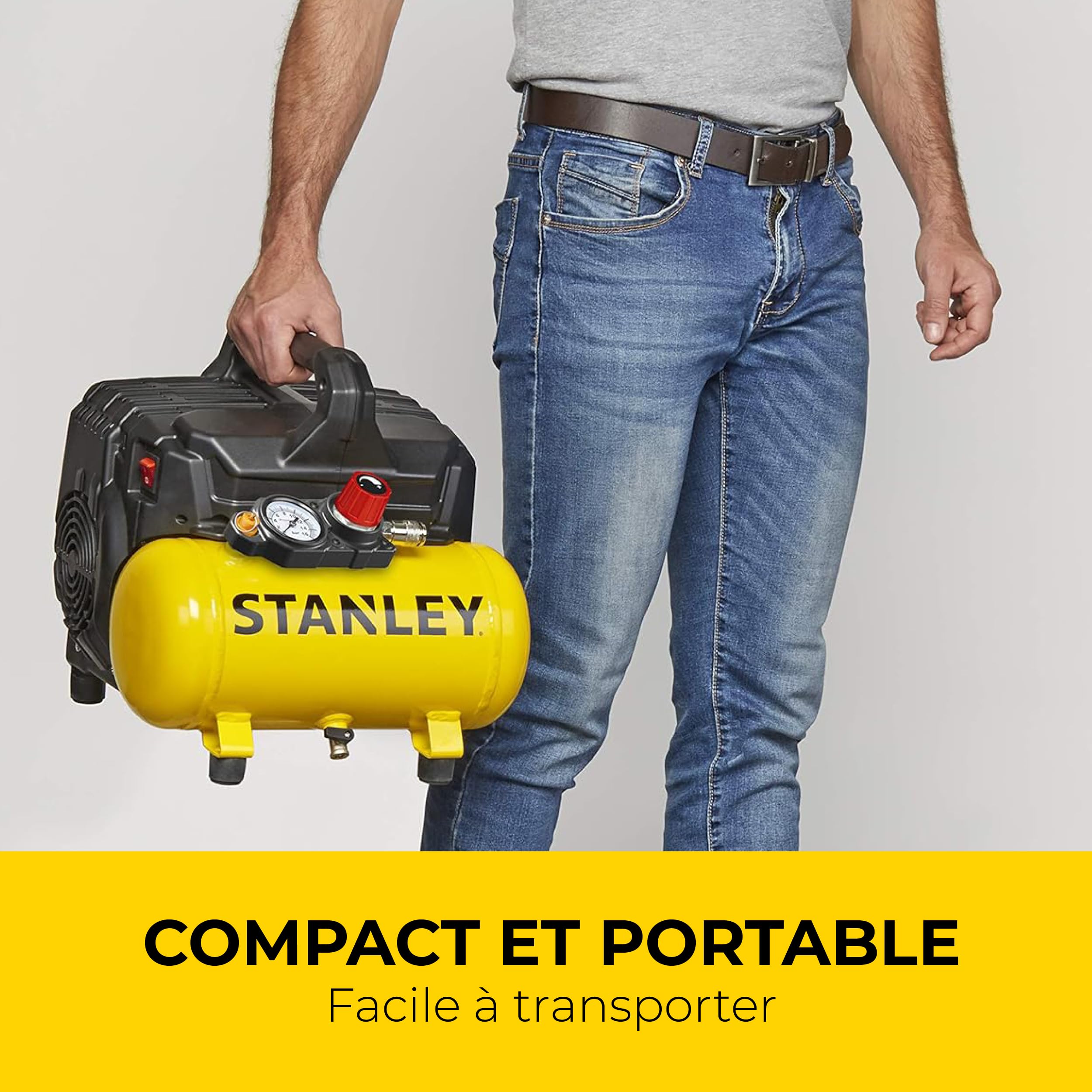Stanley Compresseur à Air DN200/8/6 - Gonfleur Pneus Voiture 8 Bar - Compresseur Portatif avec Capacité de 6L - sans Huile 105L/Min - Avec Poignée et Pieds Antidérapants - pour Outils Pneumatiques