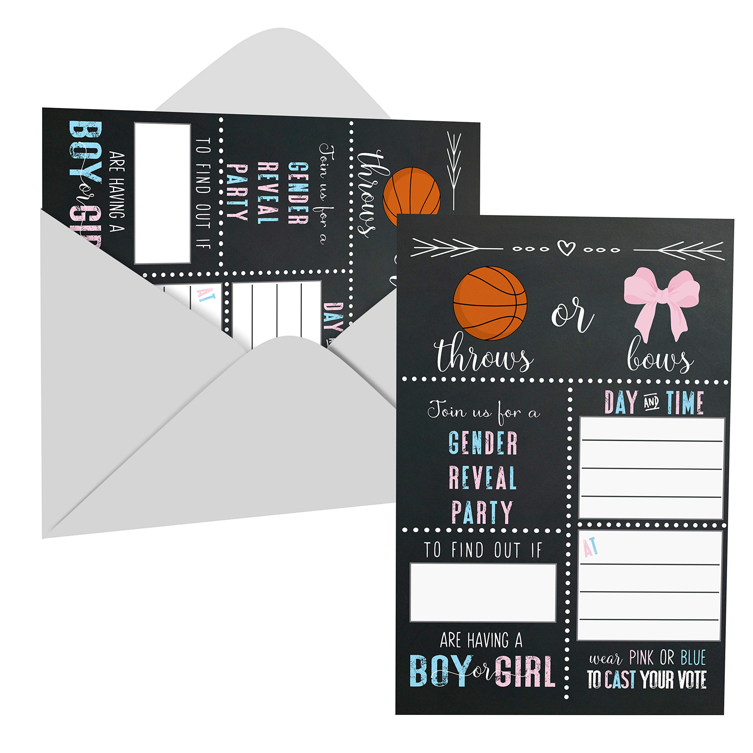 Throws or Bows Invitations with Envelopes (25 Pack) Baby Gender Reveal Team Pink or Blue Sports Revealing Shower Theme - Fill In Blank Invite Card Set DIY Paper Clever Party