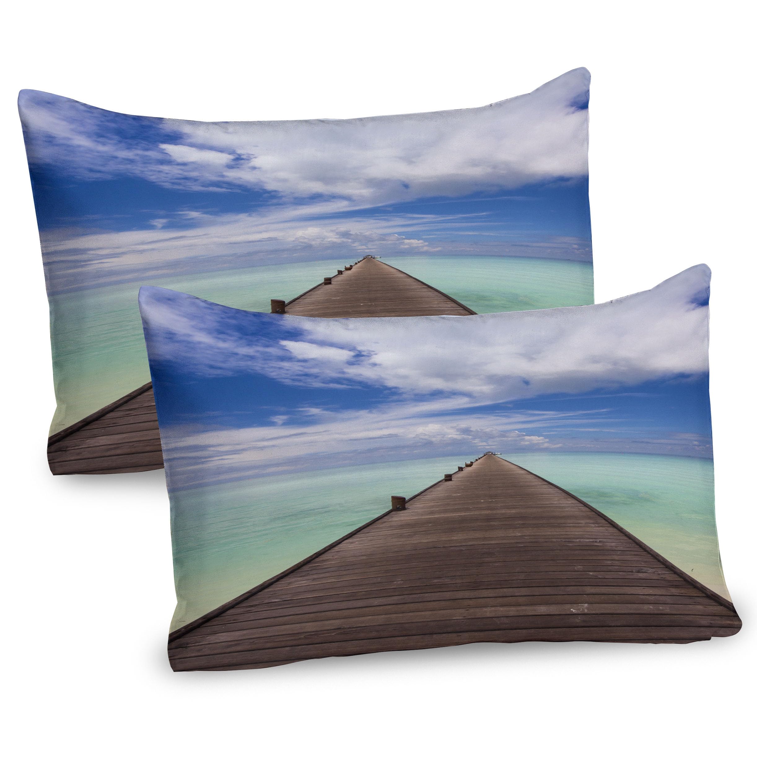 Ambesonne Dock Pillow Sham Set of 2, Wooden Jetty Leading Over The Turquoise Ocean Sea to Horizon Peaceful Paradise, Quality Microfiber Bedding Item for All Seasons, 30