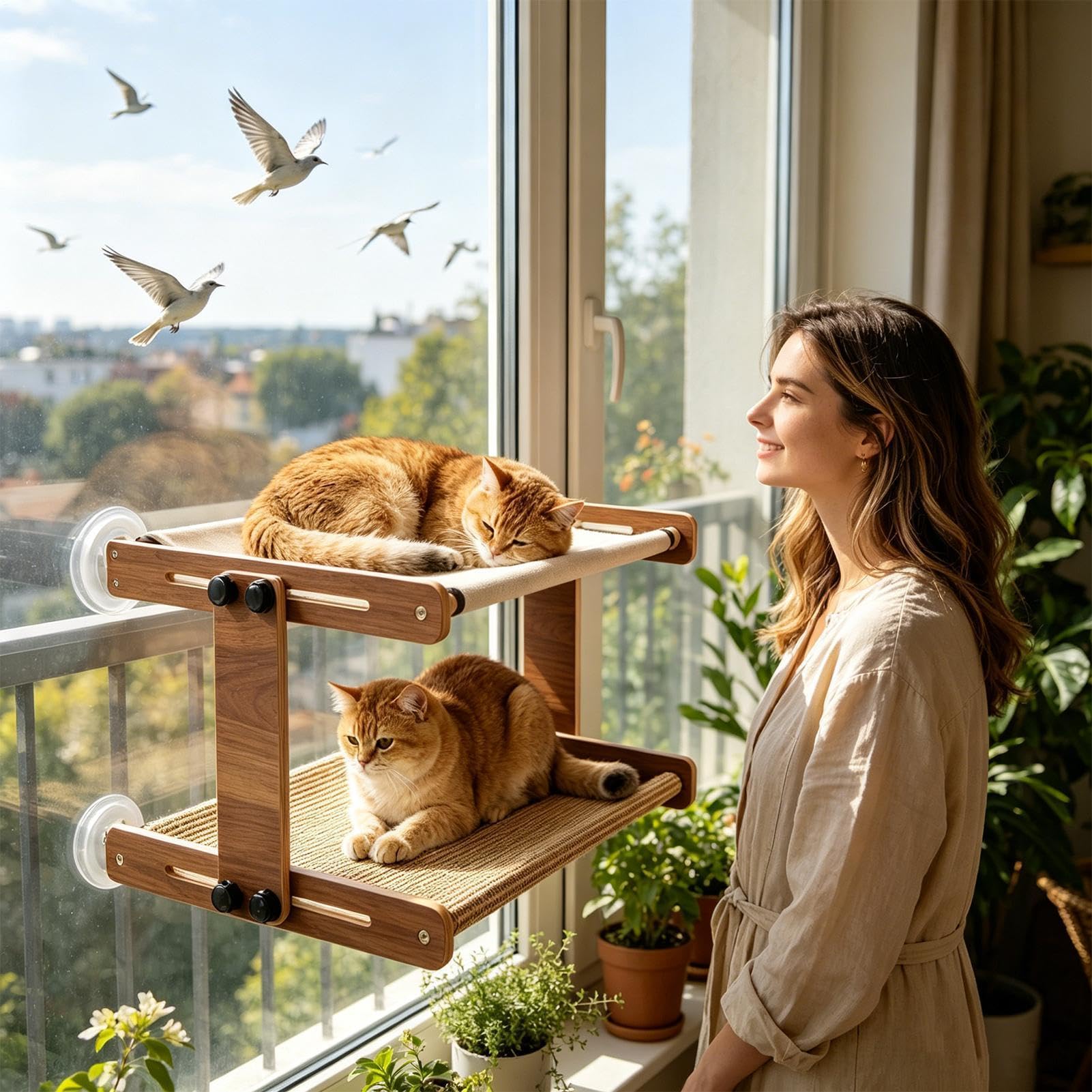 Amaca Finestra per Gatto Spazio Riposo A Ventose | Posatoio per gatti traspirante regolabile per interni comodini balcone terrazza appartamento gioco