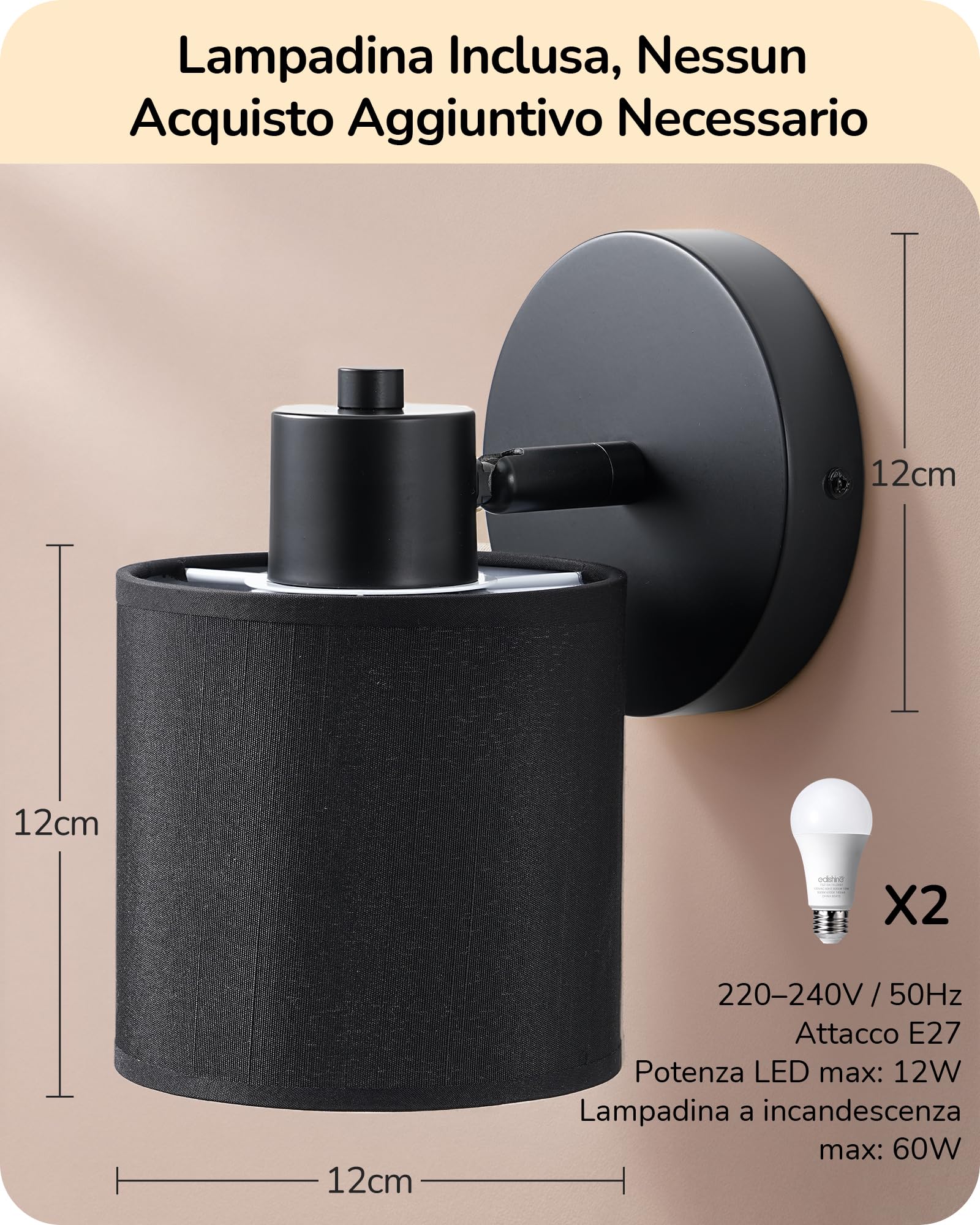 EDISHINE Set 2 Lampade da Parete LED, Dimmerabili, Telecomando, Nero | Orientabile A 350°/90°, 3000–6500 K, Lampadina LED Inclusa con Telecomando, per Camera da Letto, Soggiorno e Corridoio