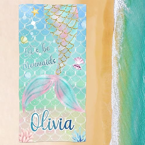 Miniatura 3 de Toallas de playa personalizadas de gran tamaño para niños y bebés, toallas de playa personalizadas de sirena con nombre, toalla de playa de secado