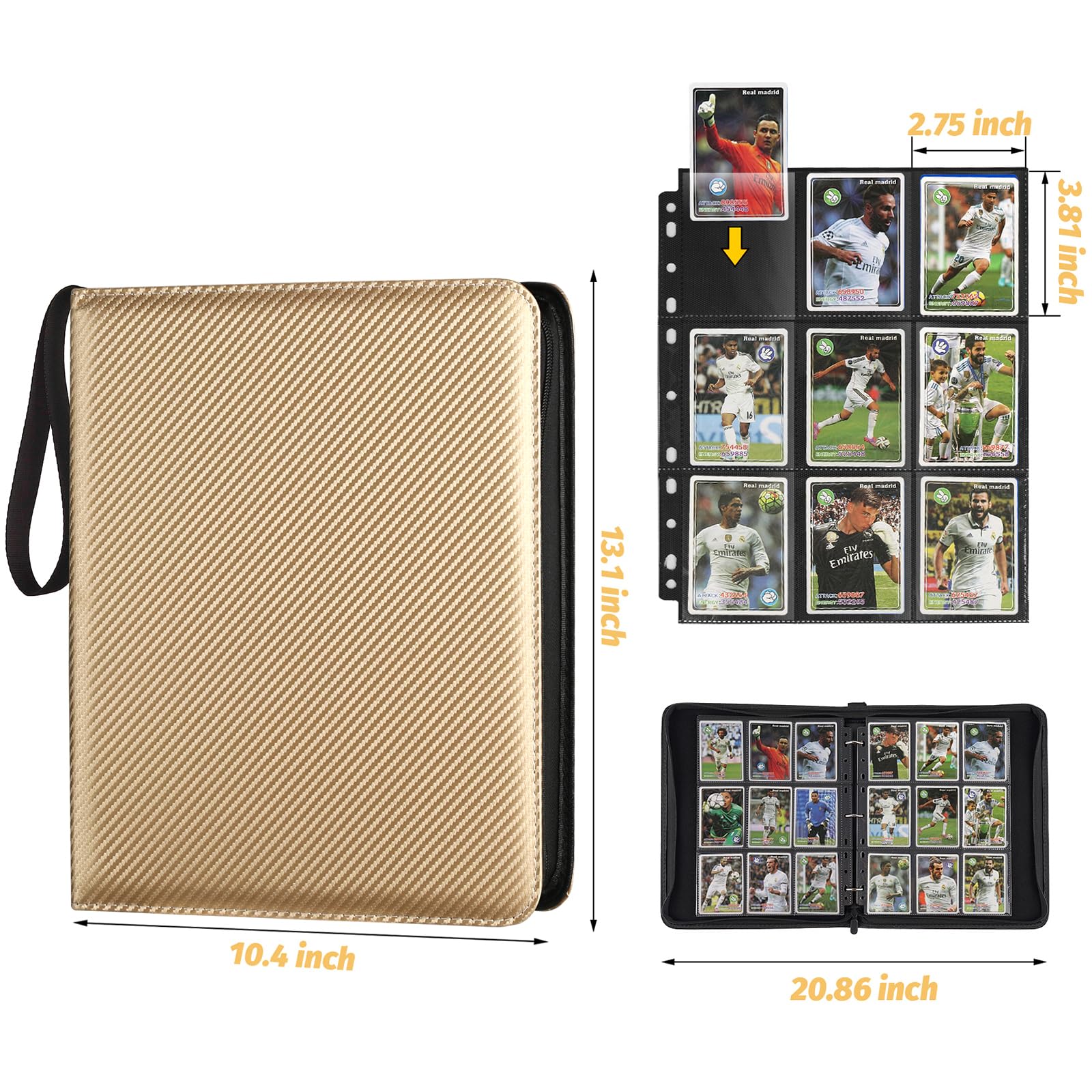 GERMUN 9 Pocket Card Binder, Premium Zip Sammelkarten Binder, 720 Doppelseitige Tasche PU Karten Sammlung Binder, Sammelkarten Album, Kartenordner für MTG, TCG, Sportkarten, Spielkarten (Gold)