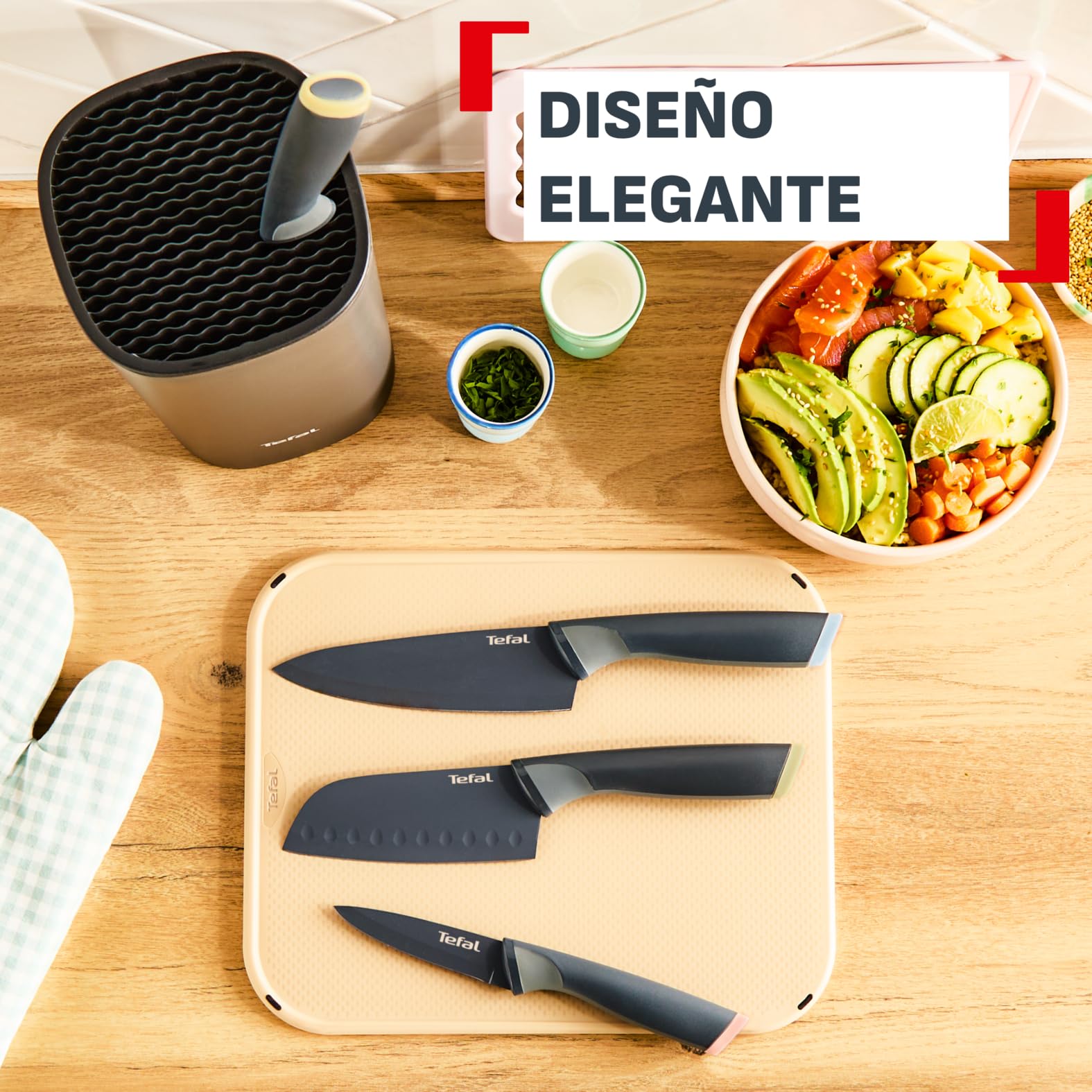 Tefal Slicy Knives, Set de 4 cuchillos + Bloque: Chef 15 cm, Santoku 12 cm, Utilitario 12 cm, Pelador 9 cm y, Cuchillas antiadherentes, Almacenamiento fácil, Colores identificativos